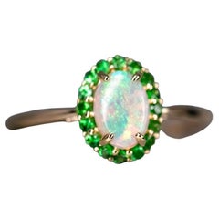14K Yellow Gold Engagement Ring featuring Australian Opal Halo Tsavorite