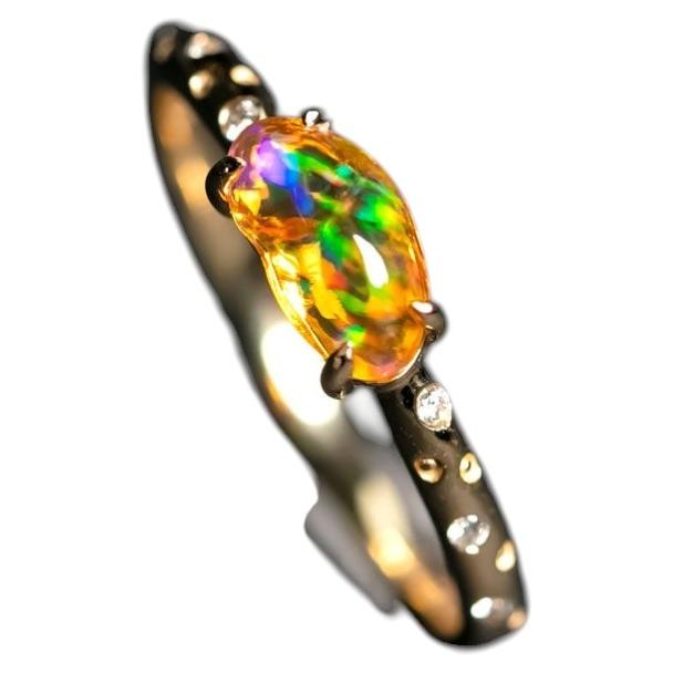 14K Yellow Gold Engagement Ring with Mexican Fire Opal and Diamonds Promise Ring