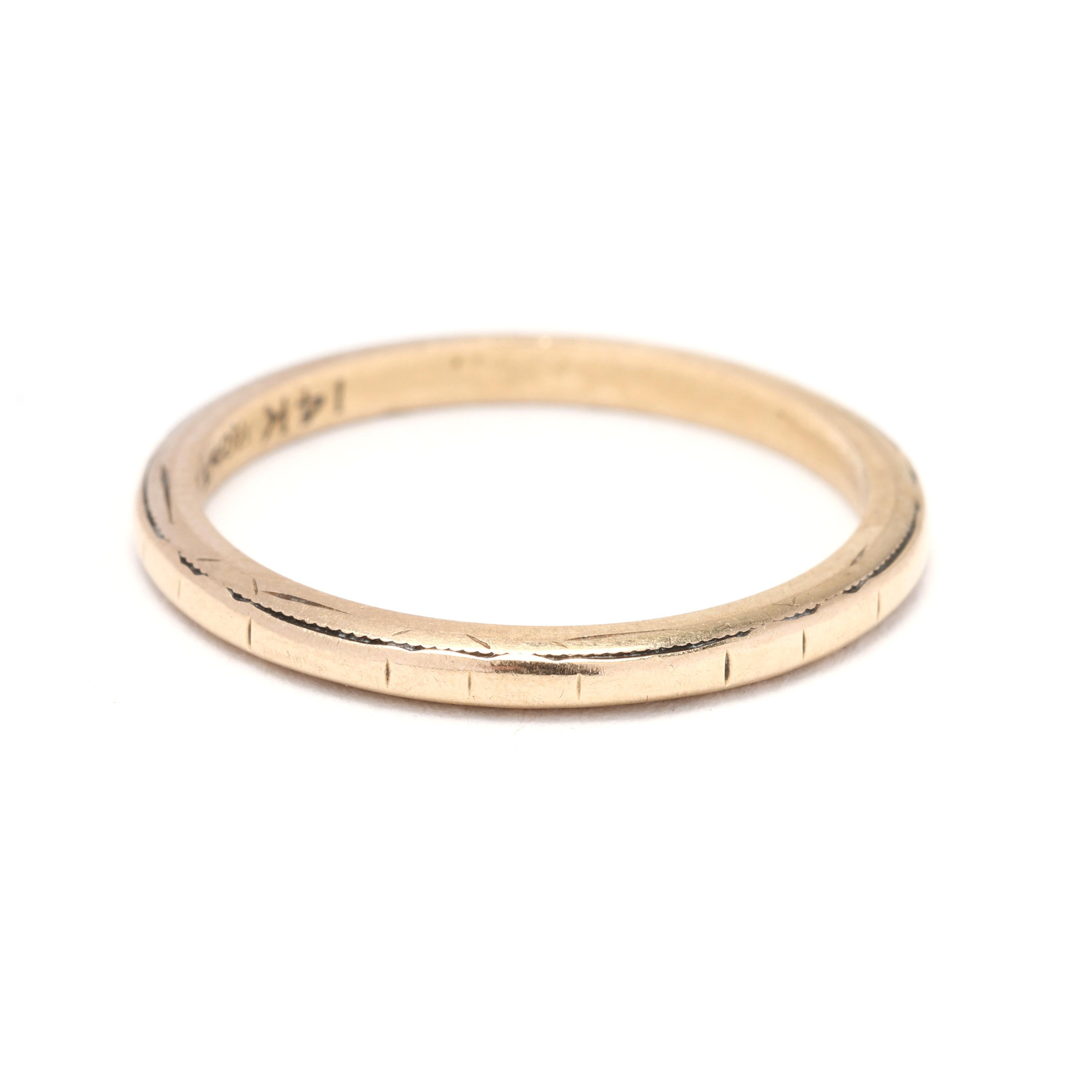 14K Yellow Gold Engraved Ring, Ring Size 4.75, Stackable, Wedding Band In Good Condition For Sale In McLeansville, NC