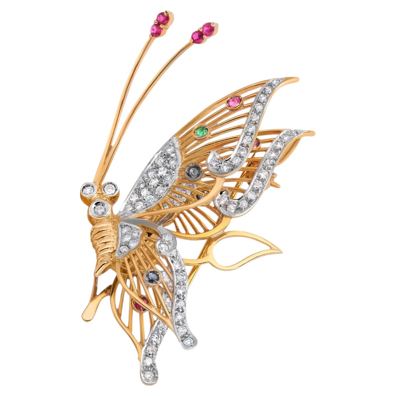 Broche de mariposa de oro amarillo de 14 quilates con diamantes y piedras preciosas de 0,75 quilates