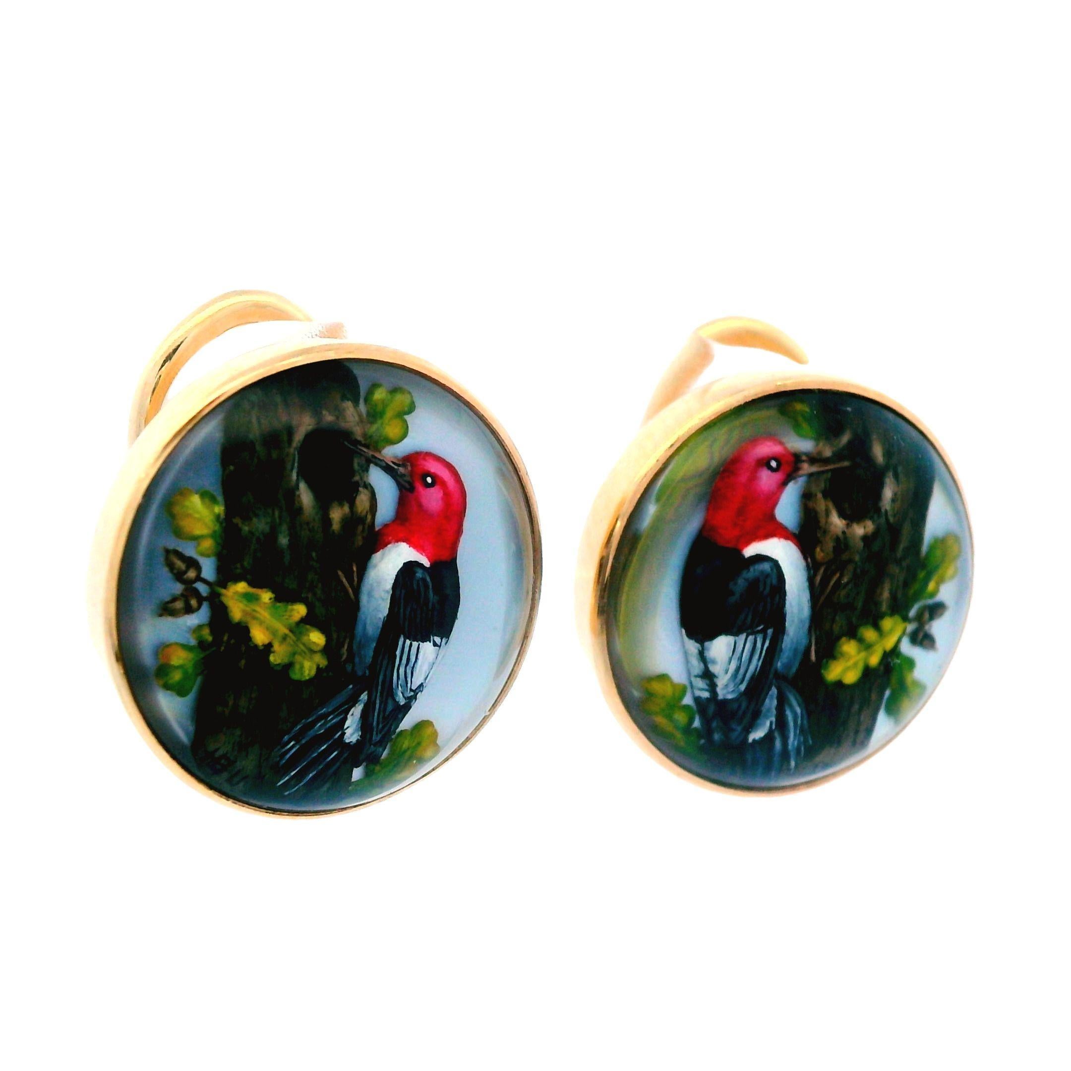 Here is a beautiful pair of Essex 14k yellow gold crystal earrings., made with reversed carved and painted quartz. These earrings are the perfect accessory for any lover of nature or birds. The carved and painted quartz is magnificent. The life-like