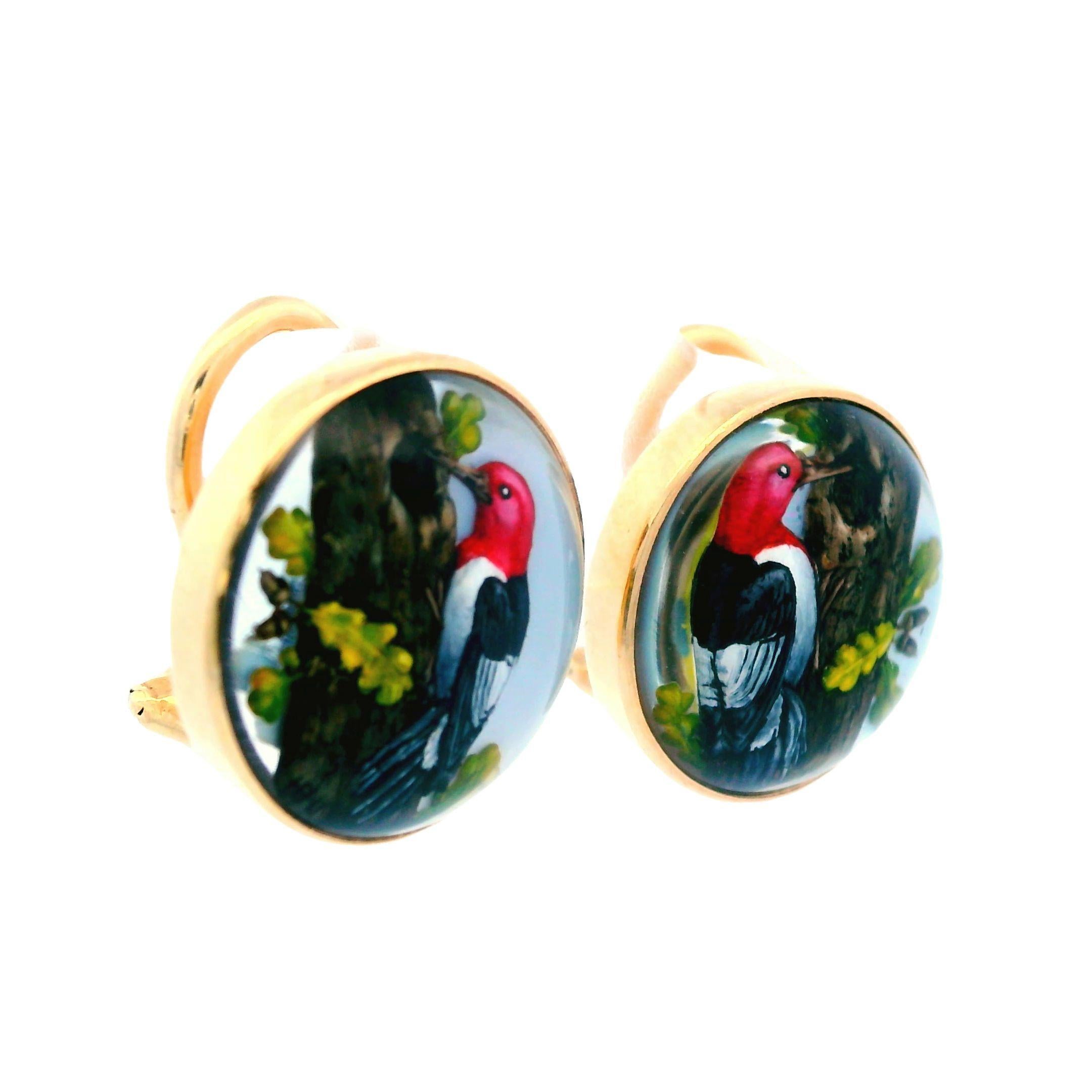 Round Cut 14K Yellow Gold Essex Crystal Reversed Carved & Painted Quartz Earrings For Sale