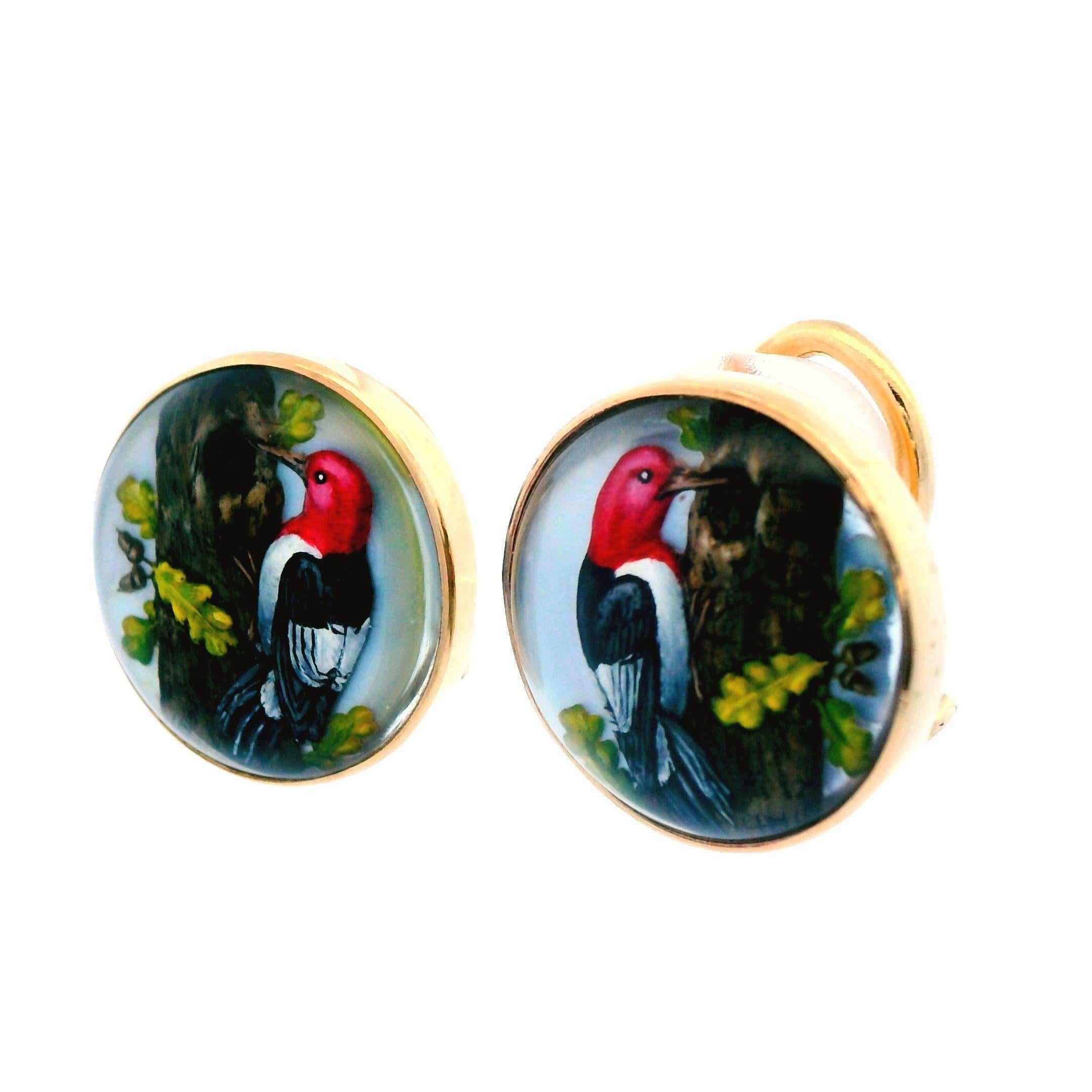 14K Yellow Gold Essex Crystal Reversed Carved & Painted Quartz Earrings In Good Condition For Sale In Lexington, KY
