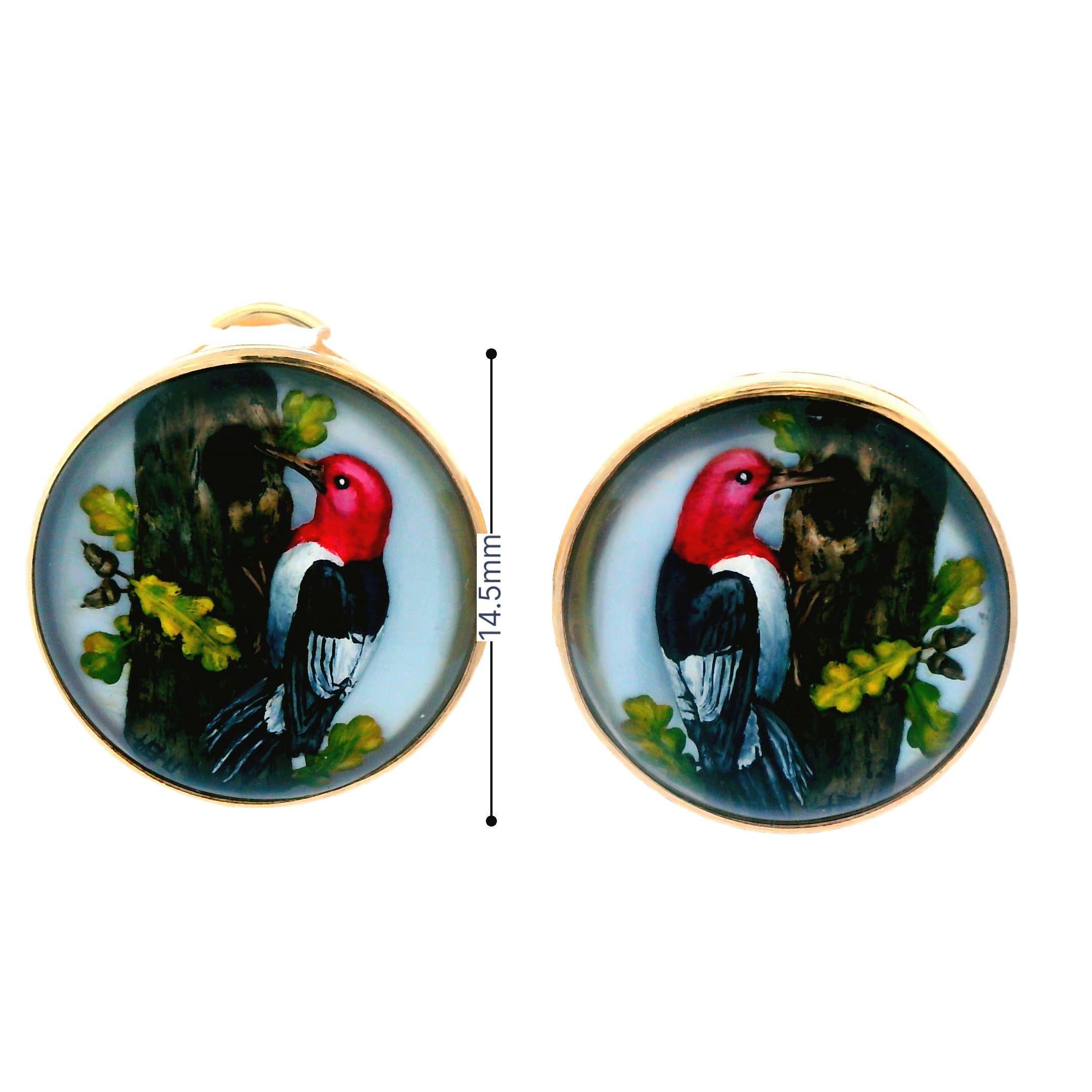 14K Yellow Gold Essex Crystal Reversed Carved & Painted Quartz Earrings For Sale 1
