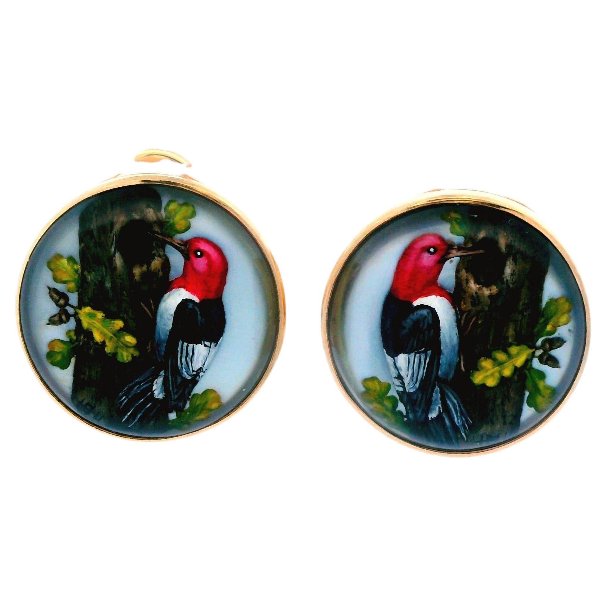 14K Yellow Gold Essex Crystal Reversed Carved & Painted Quartz Earrings For Sale