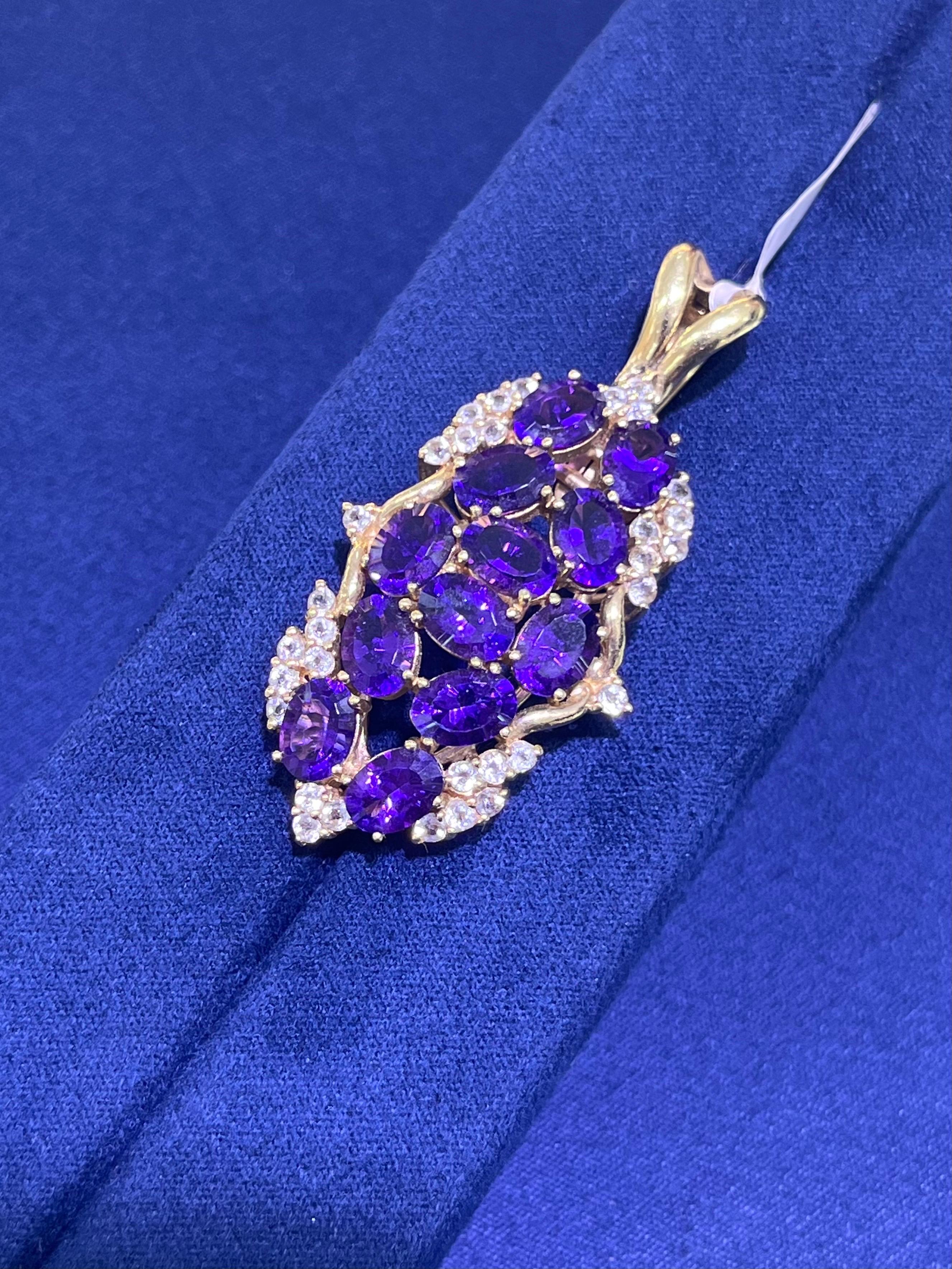 Women's 14k Yellow Gold Estate Amethyst & White Sapphire Oval Pendant For Sale