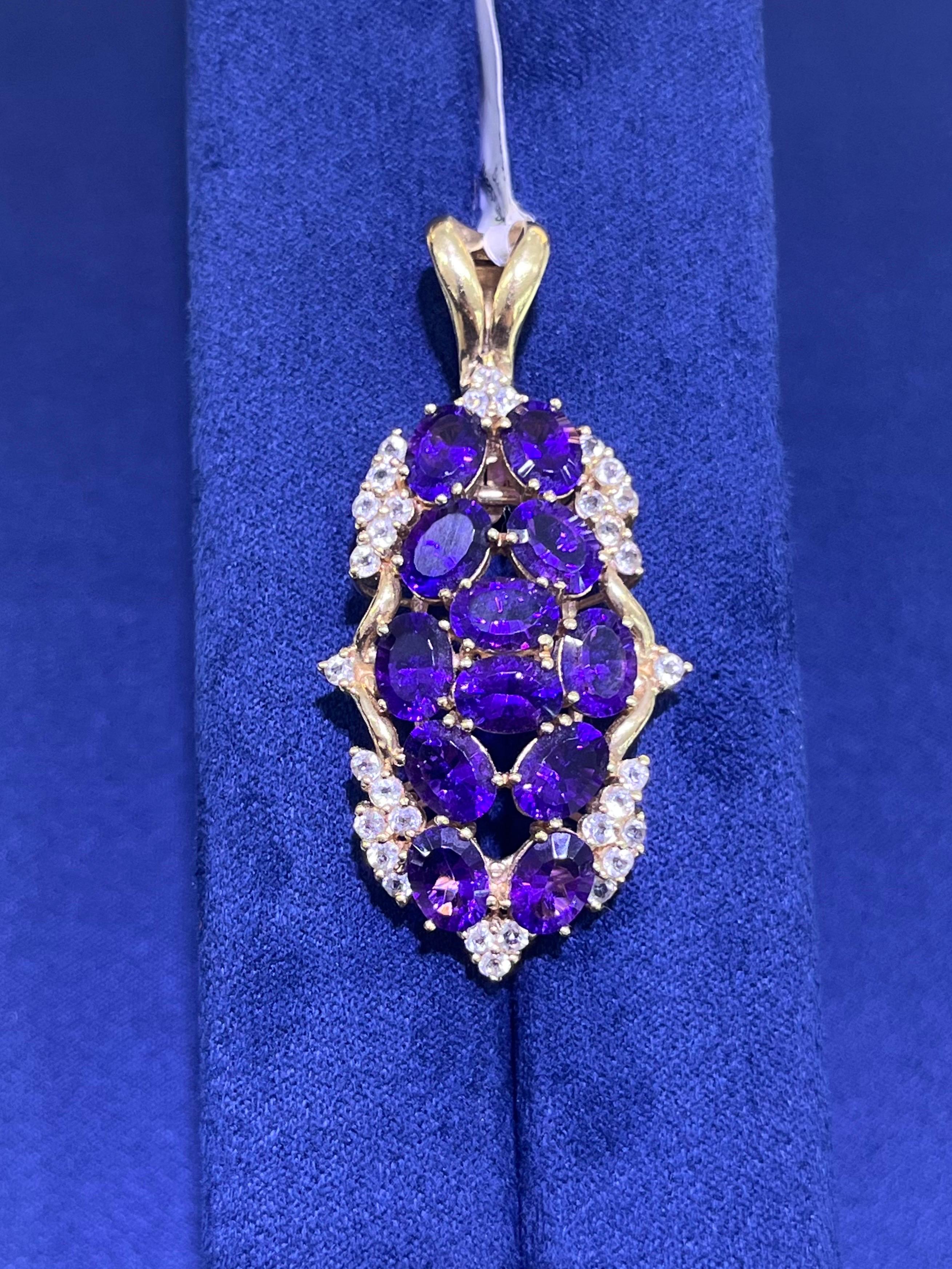 14k Yellow Gold Estate Amethyst & White Sapphire Oval Pendant For Sale 1