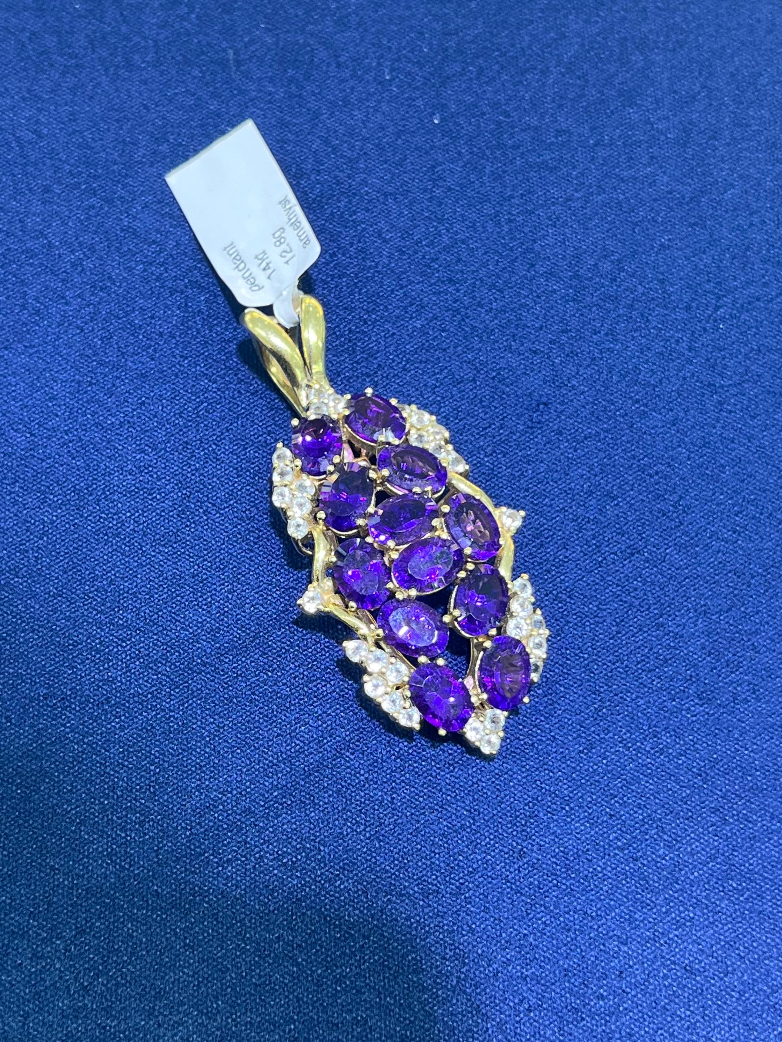 14k Yellow Gold Estate Amethyst & White Sapphire Oval Pendant For Sale 2