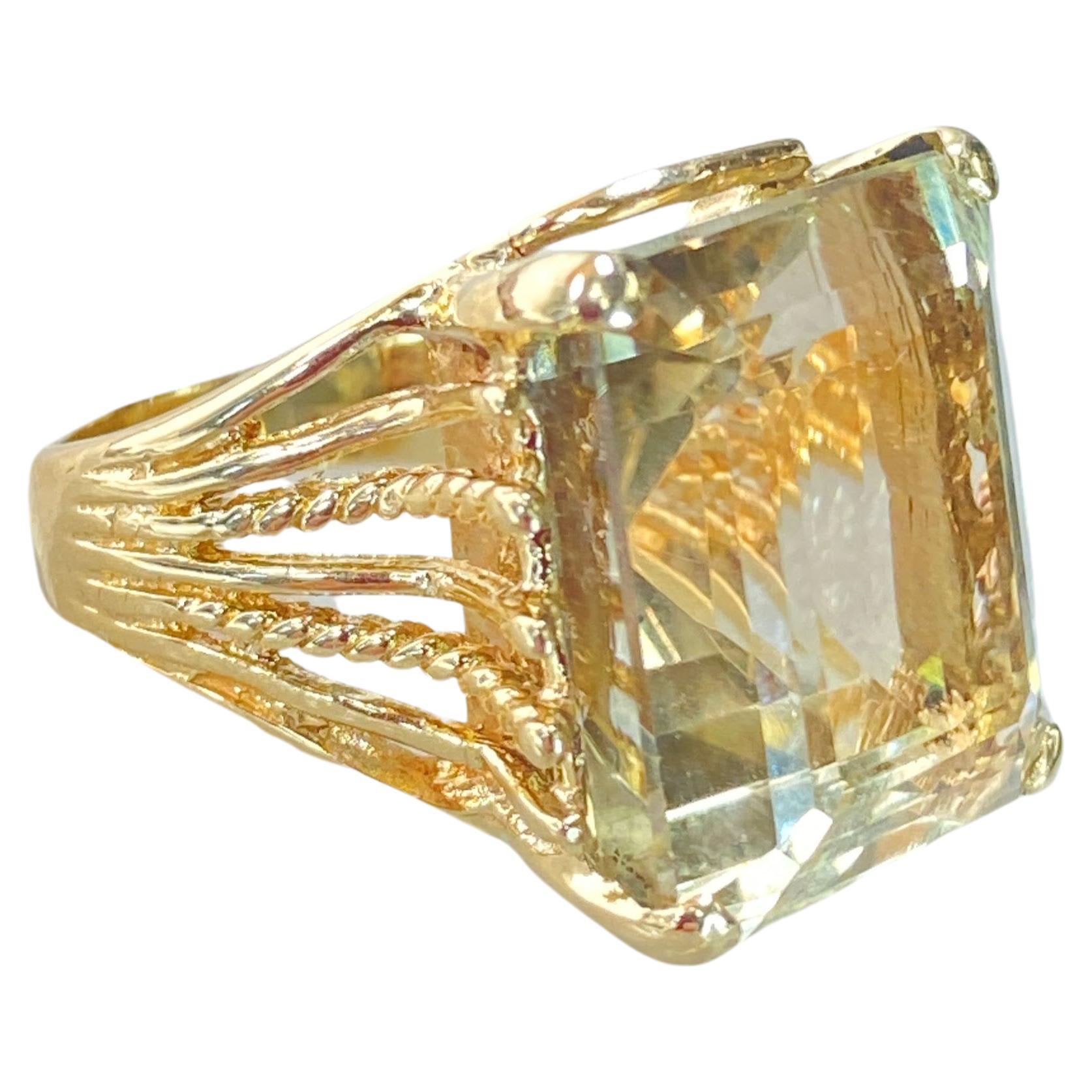 14K Yellow Gold Estate Multi Band Huge 16 Carat Emerald Cut Smoky Citrine Ring For Sale