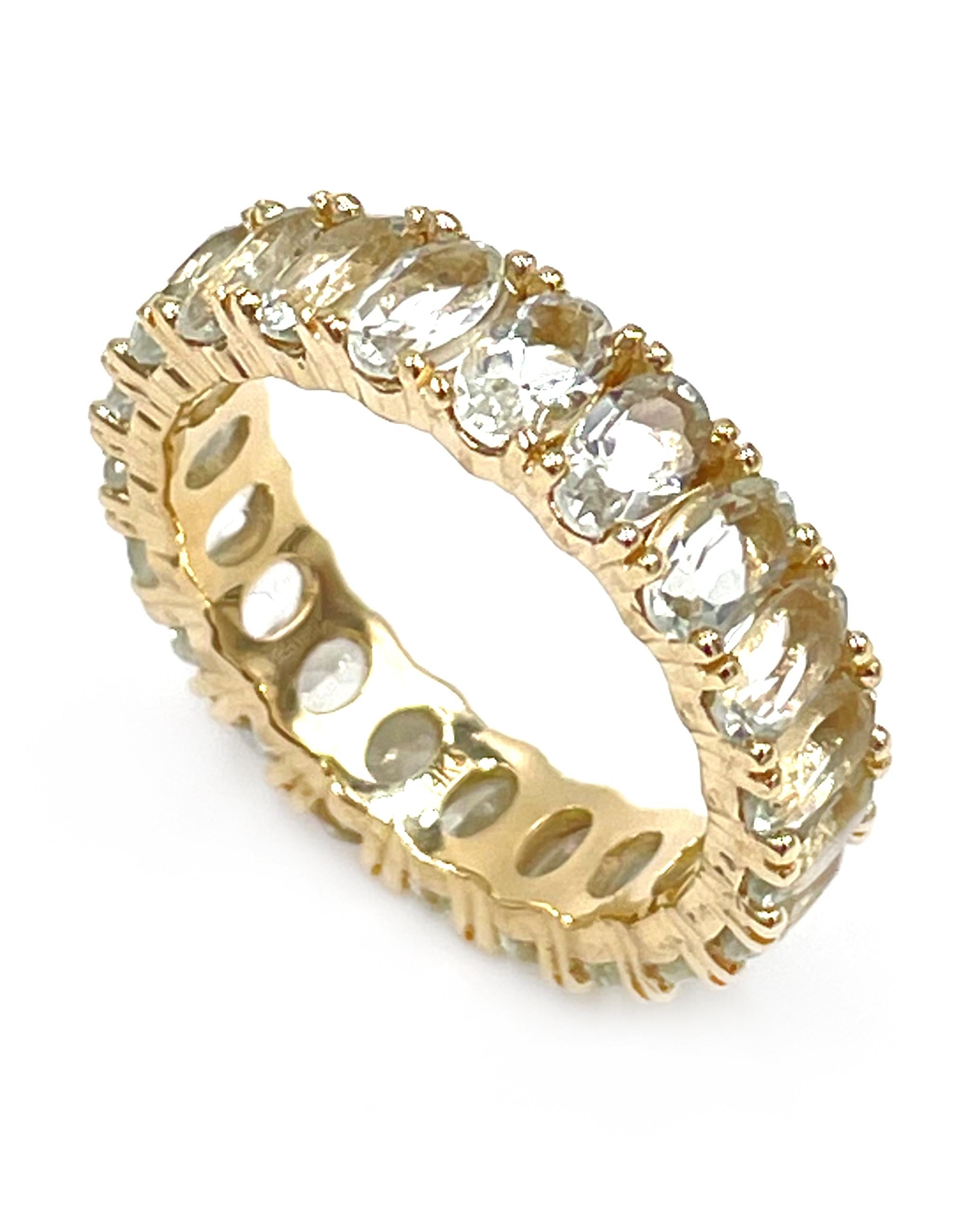 Contemporary 14K Yellow Gold Eternity Band with Oval Shape Green Amethysts For Sale