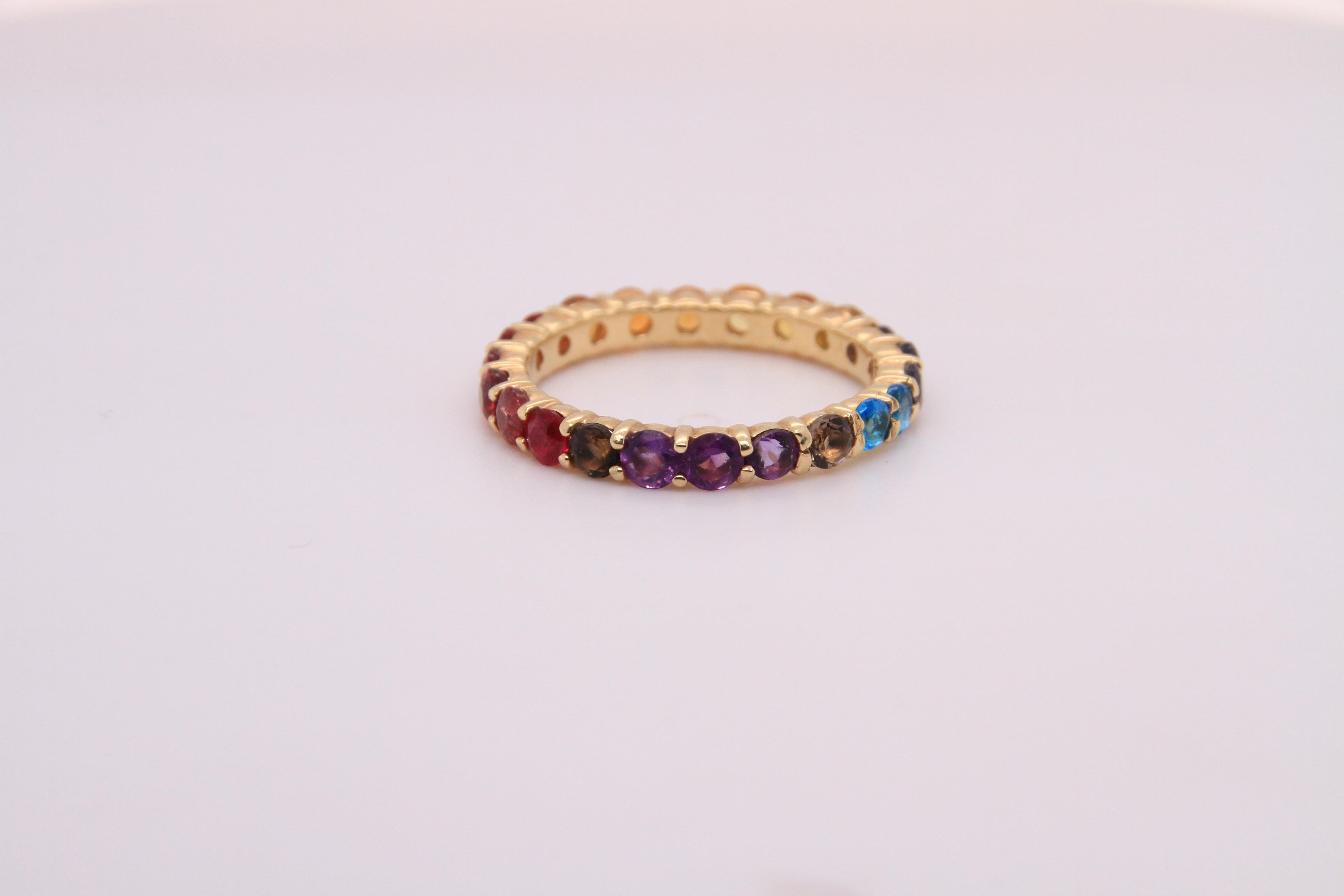 14K Yellow Gold Eternity Mulit-Colored Rainbow Gemstone Ring 1