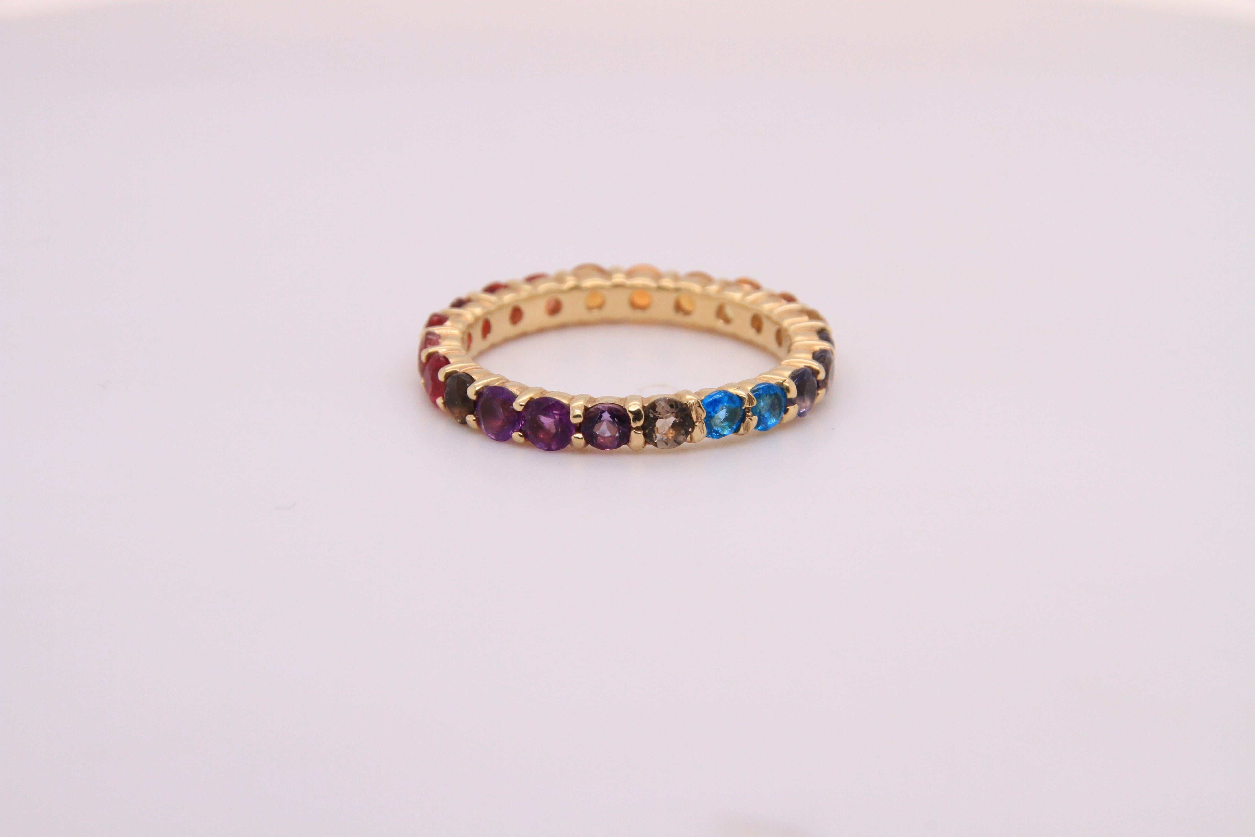 14K Yellow Gold Eternity Mulit-Colored Rainbow Gemstone Ring 2