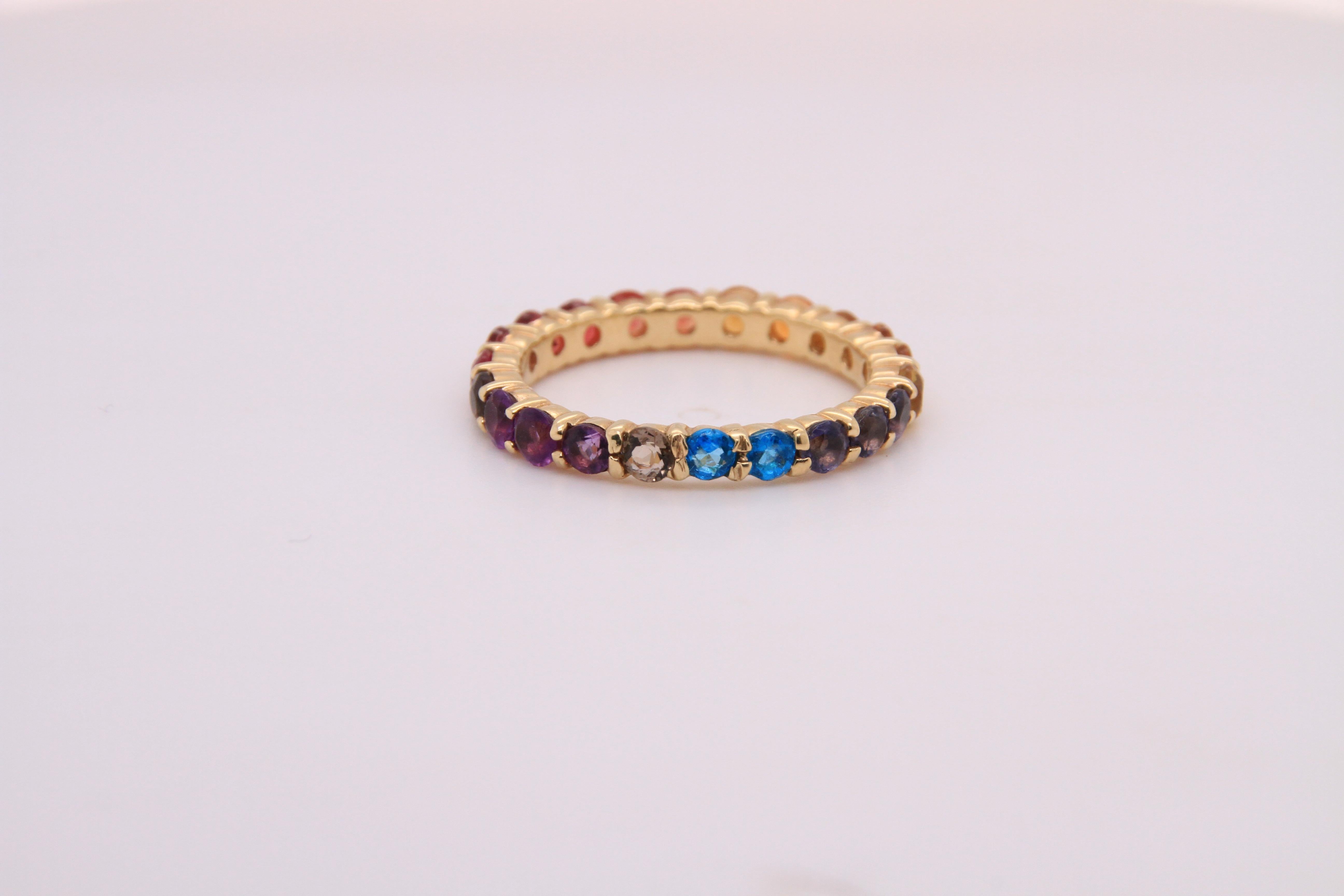 14K Yellow Gold Eternity Mulit-Colored Rainbow Gemstone Ring 3
