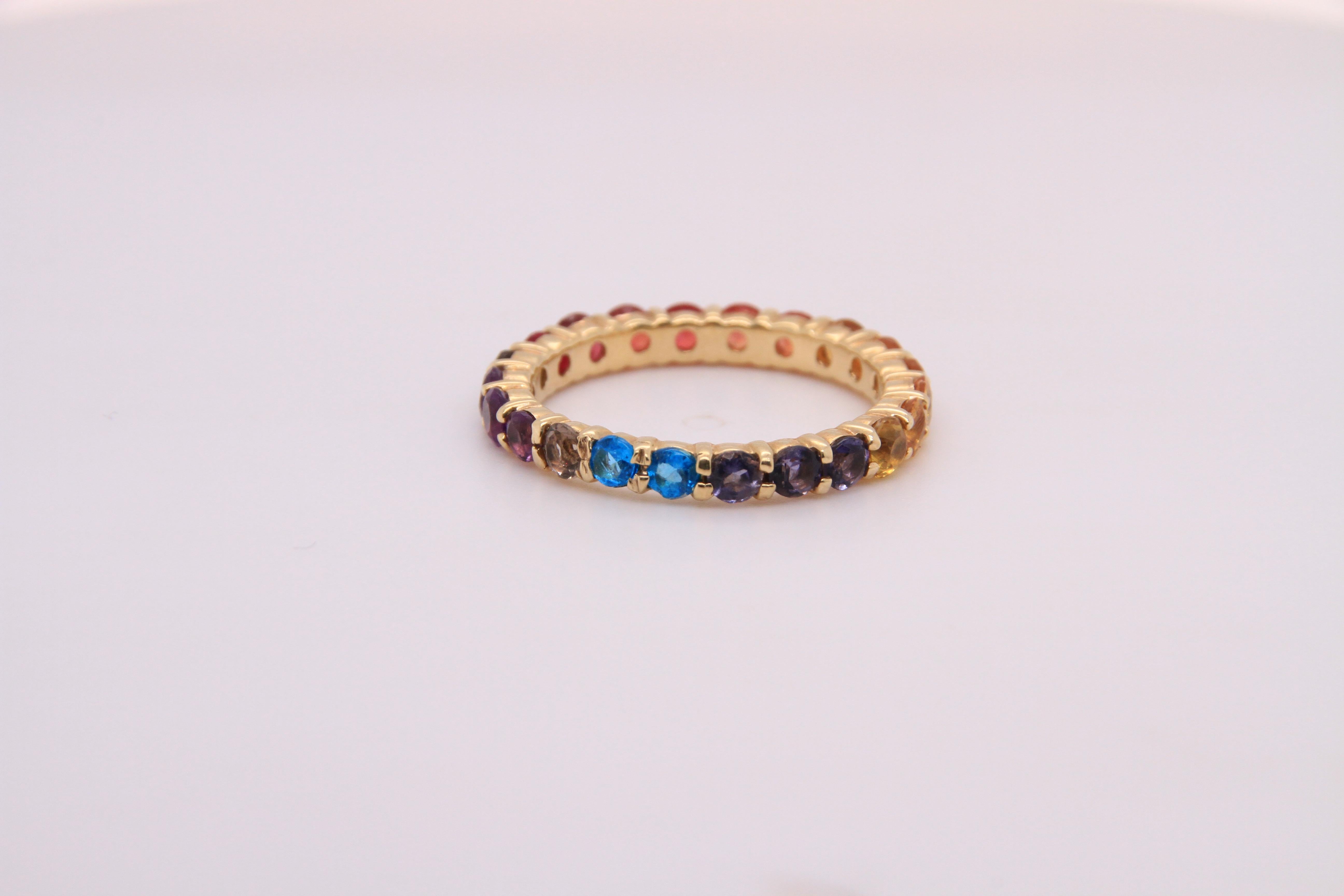 14K Yellow Gold Eternity Mulit-Colored Rainbow Gemstone Ring 4