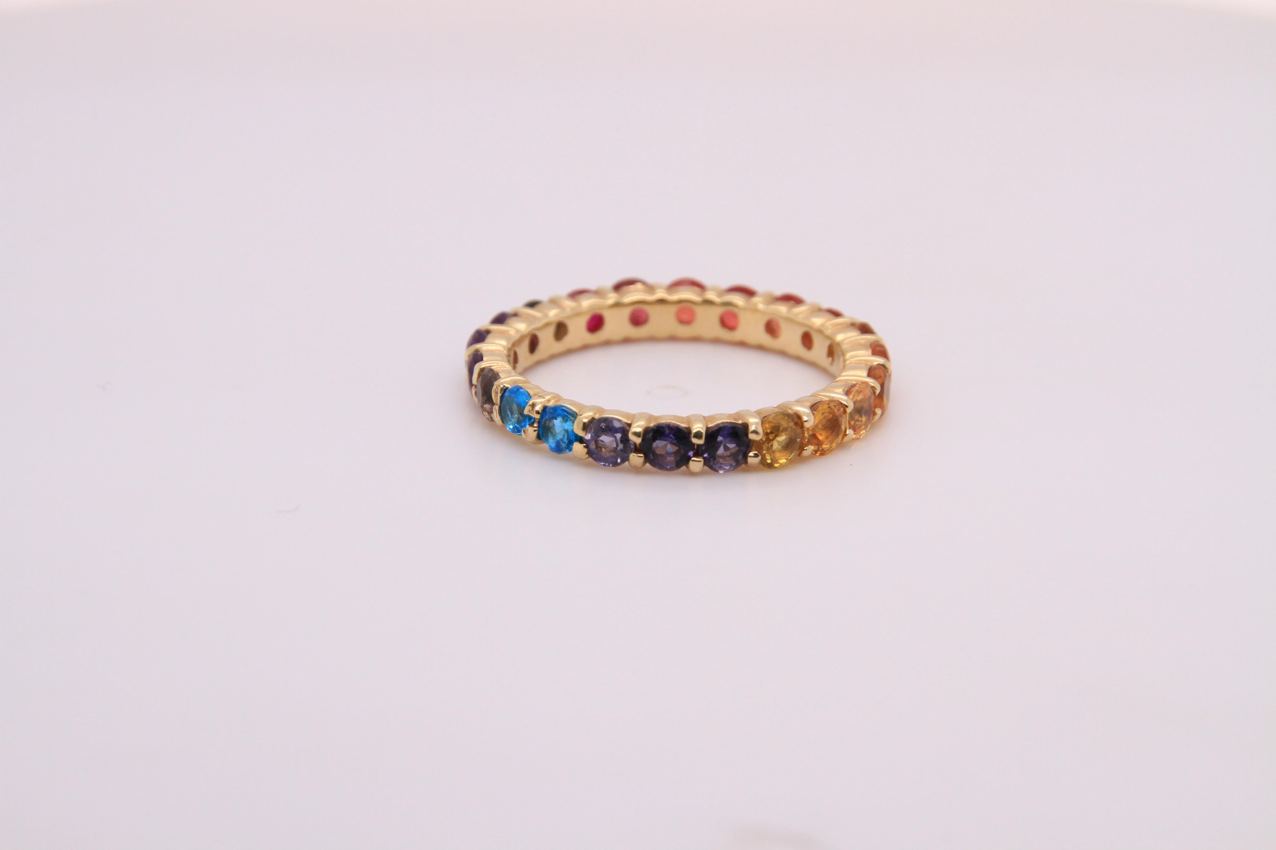 14K Yellow Gold Eternity Mulit-Colored Rainbow Gemstone Ring 5