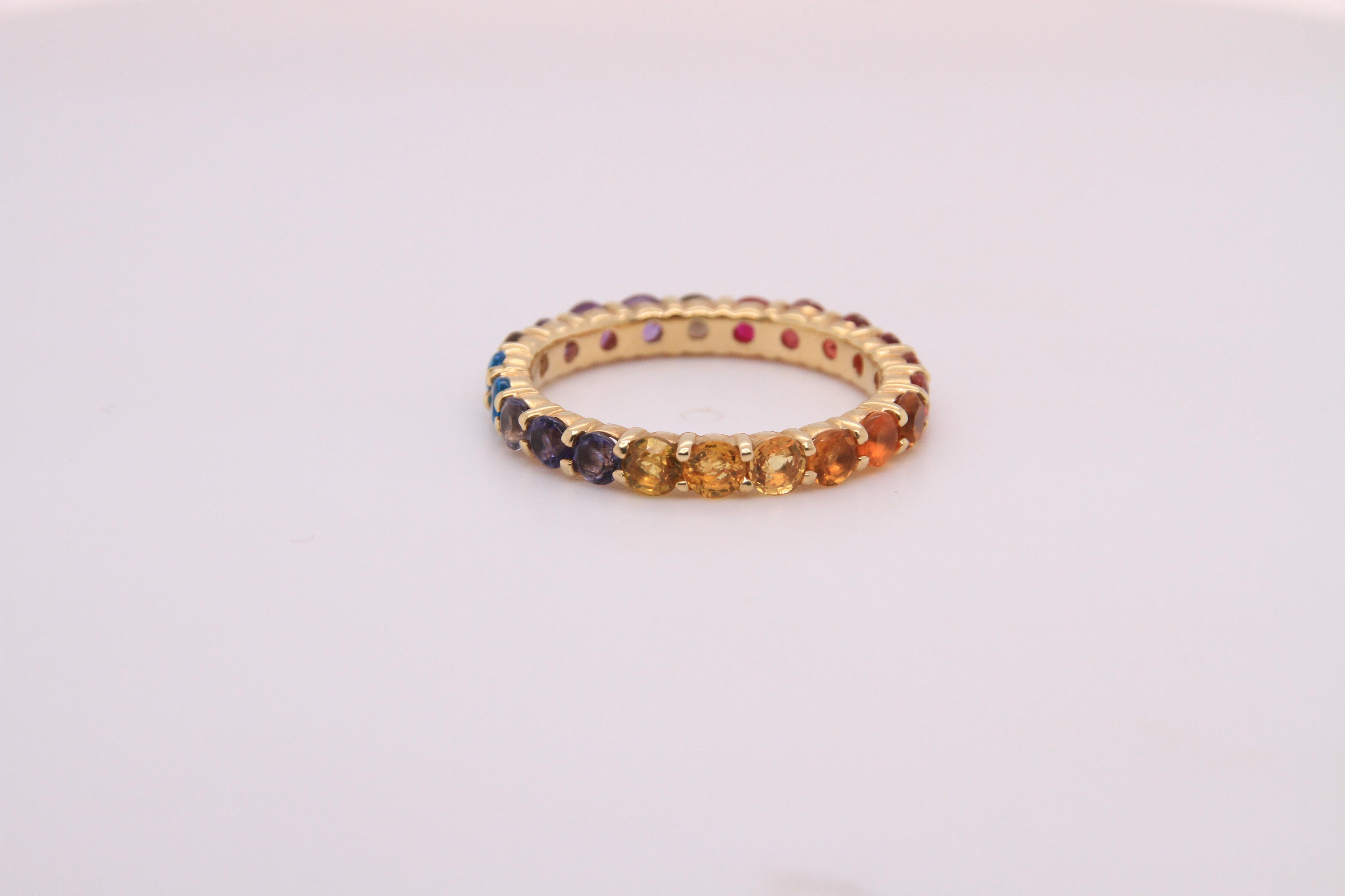 14K Yellow Gold Eternity Mulit-Colored Rainbow Gemstone Ring 6