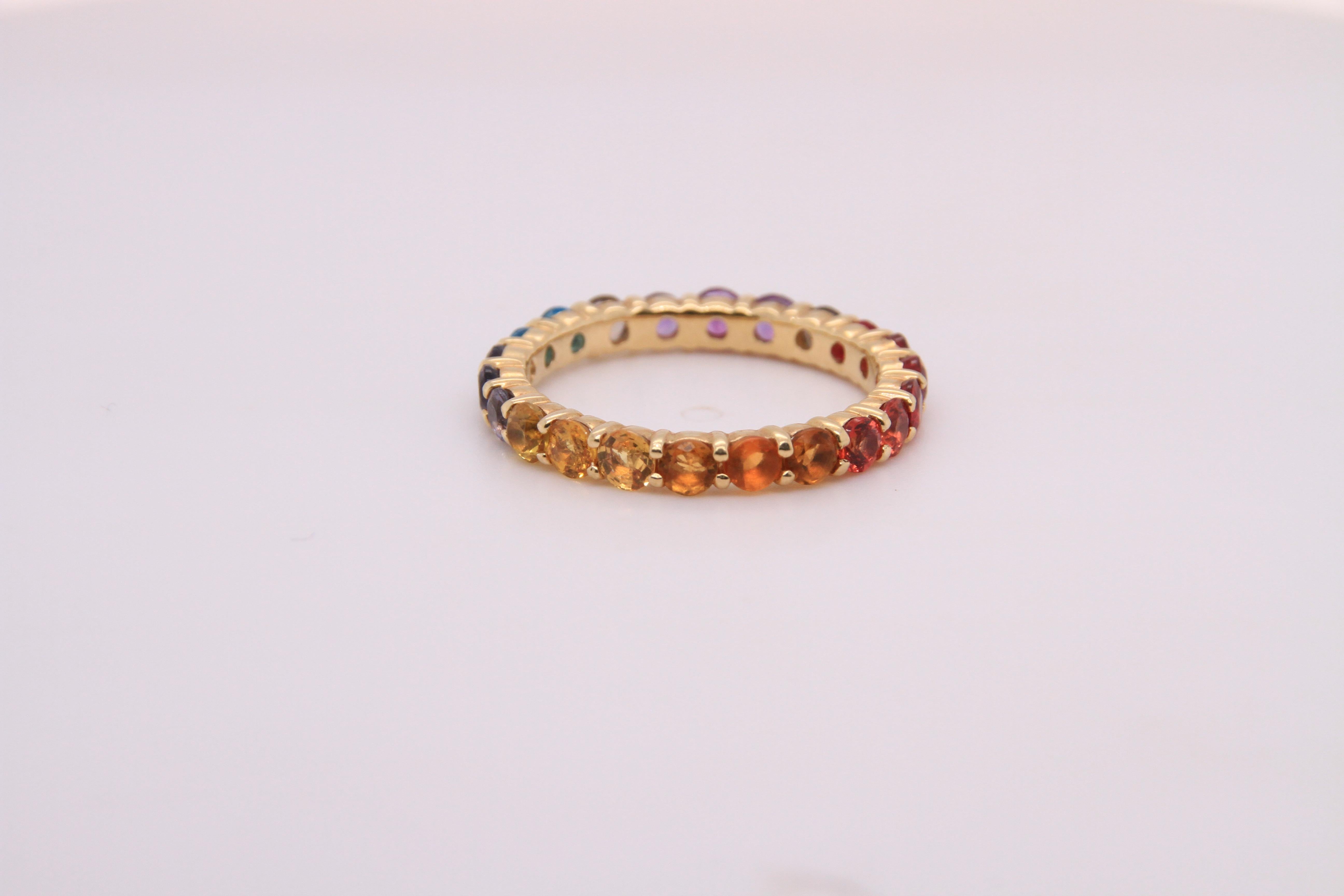 14K Yellow Gold Eternity Mulit-Colored Rainbow Gemstone Ring 7