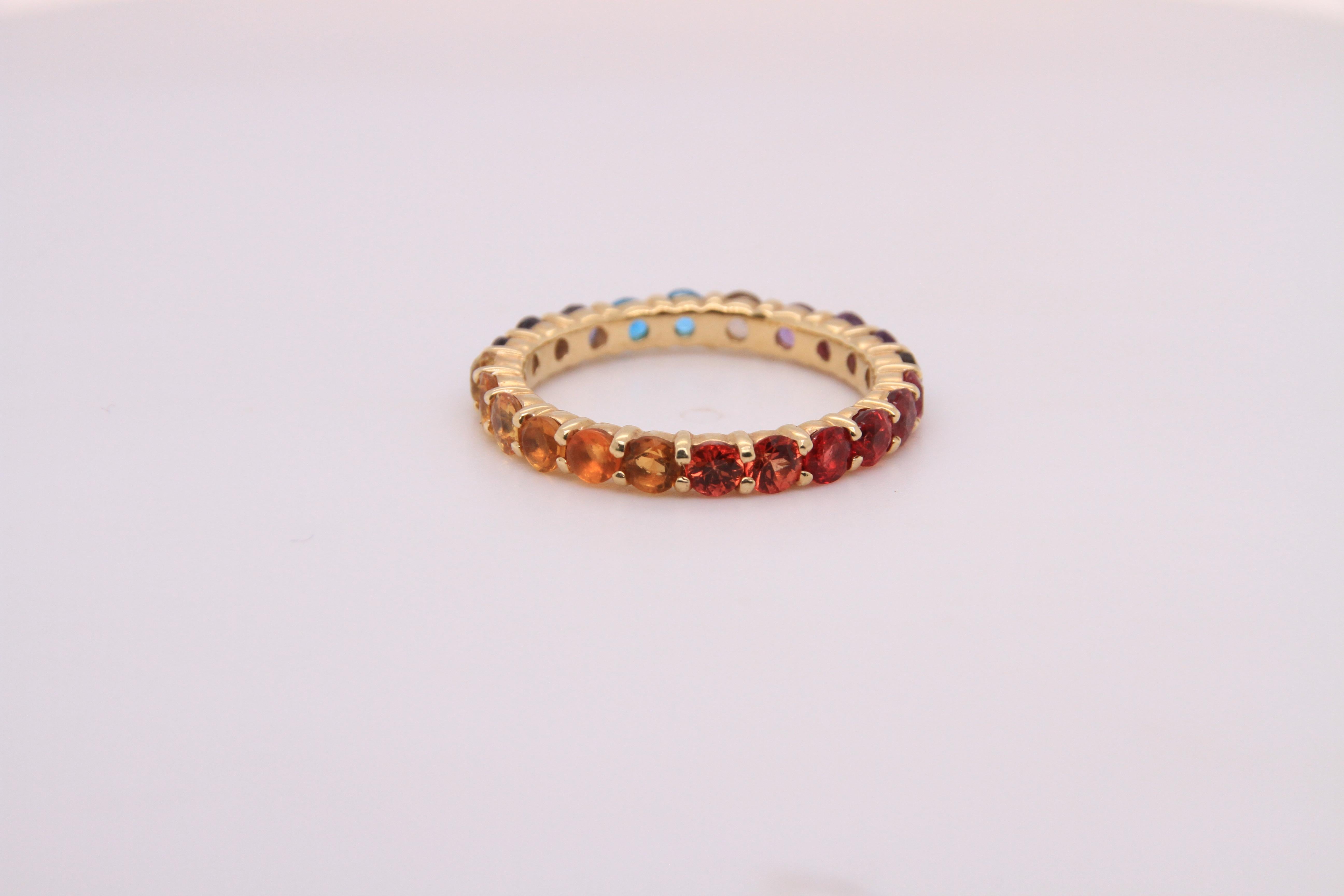 14K Yellow Gold Eternity Mulit-Colored Rainbow Gemstone Ring 8