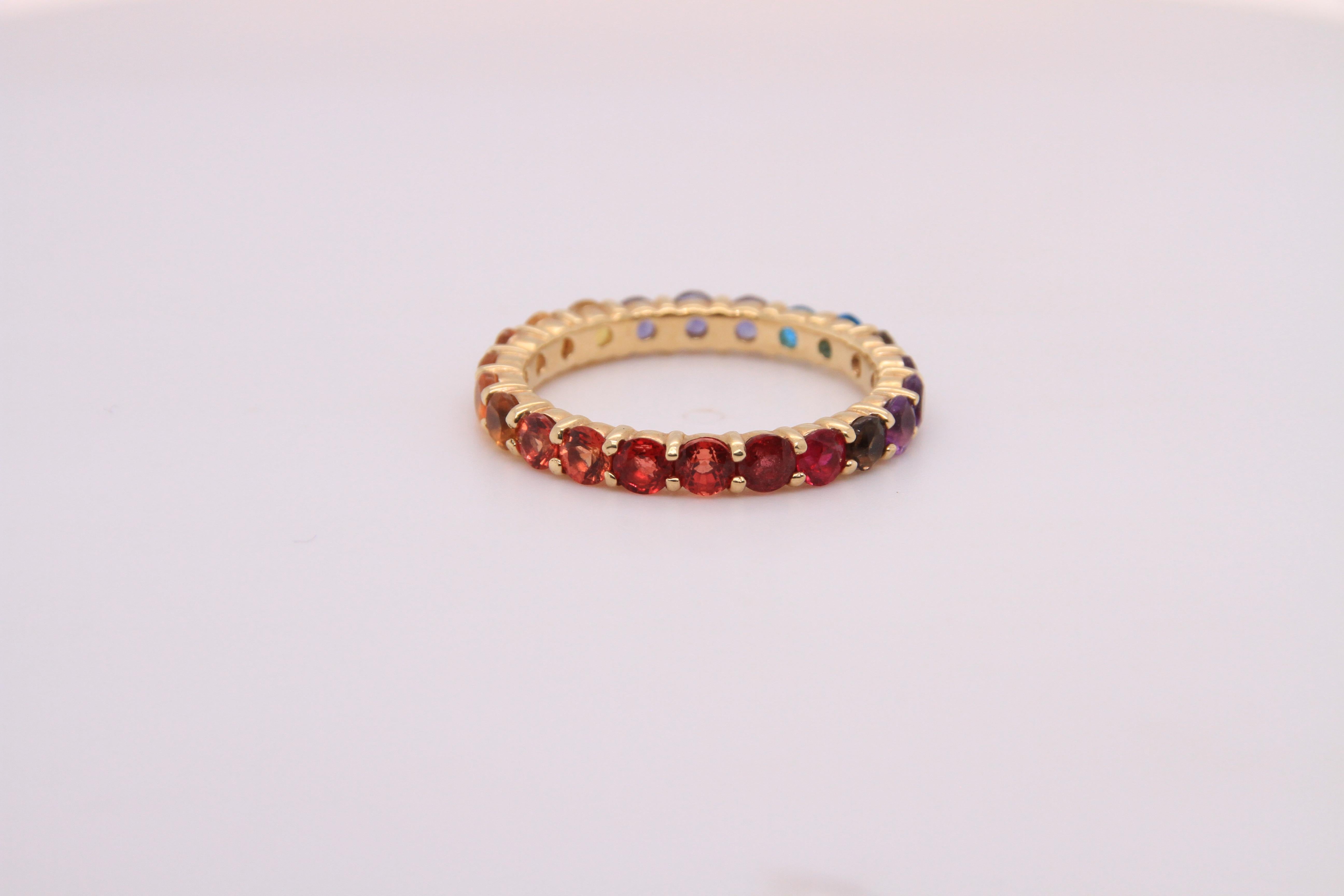14K Yellow Gold Eternity Mulit-Colored Rainbow Gemstone Ring 9