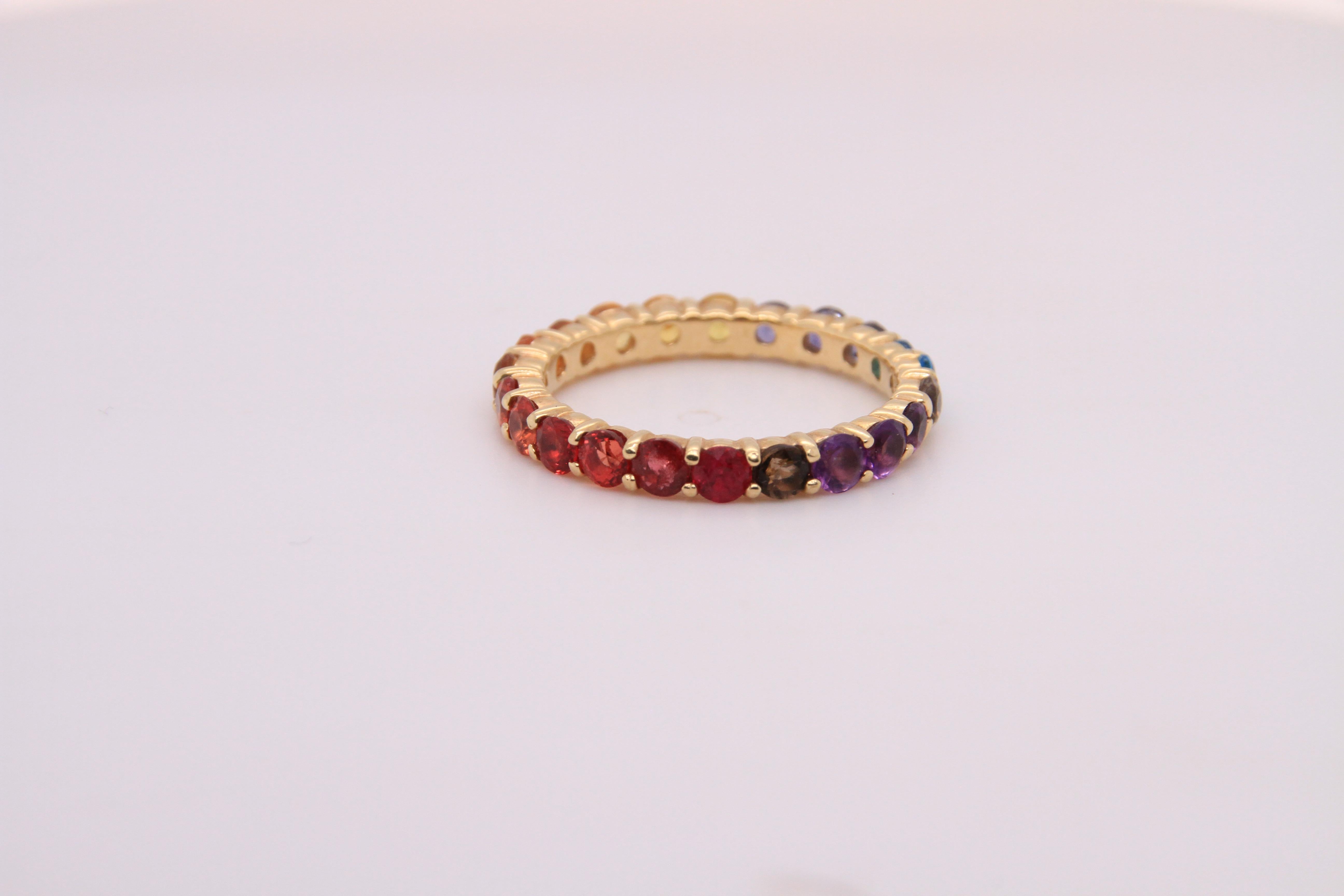 14K Yellow Gold Eternity Mulit-Colored Rainbow Gemstone Ring 10