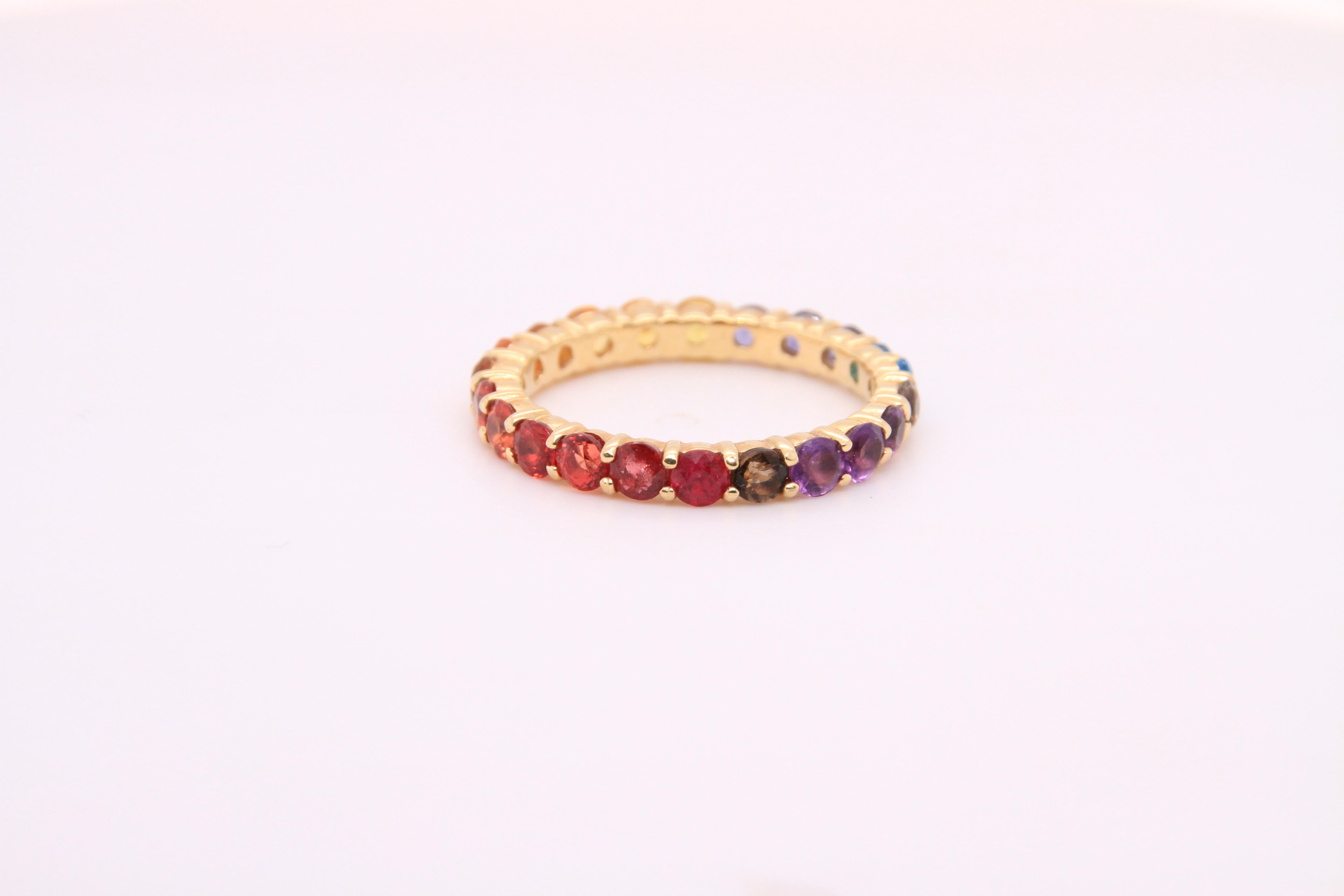 14K Yellow Gold Eternity Mulit-Colored Rainbow Gemstone Ring 11