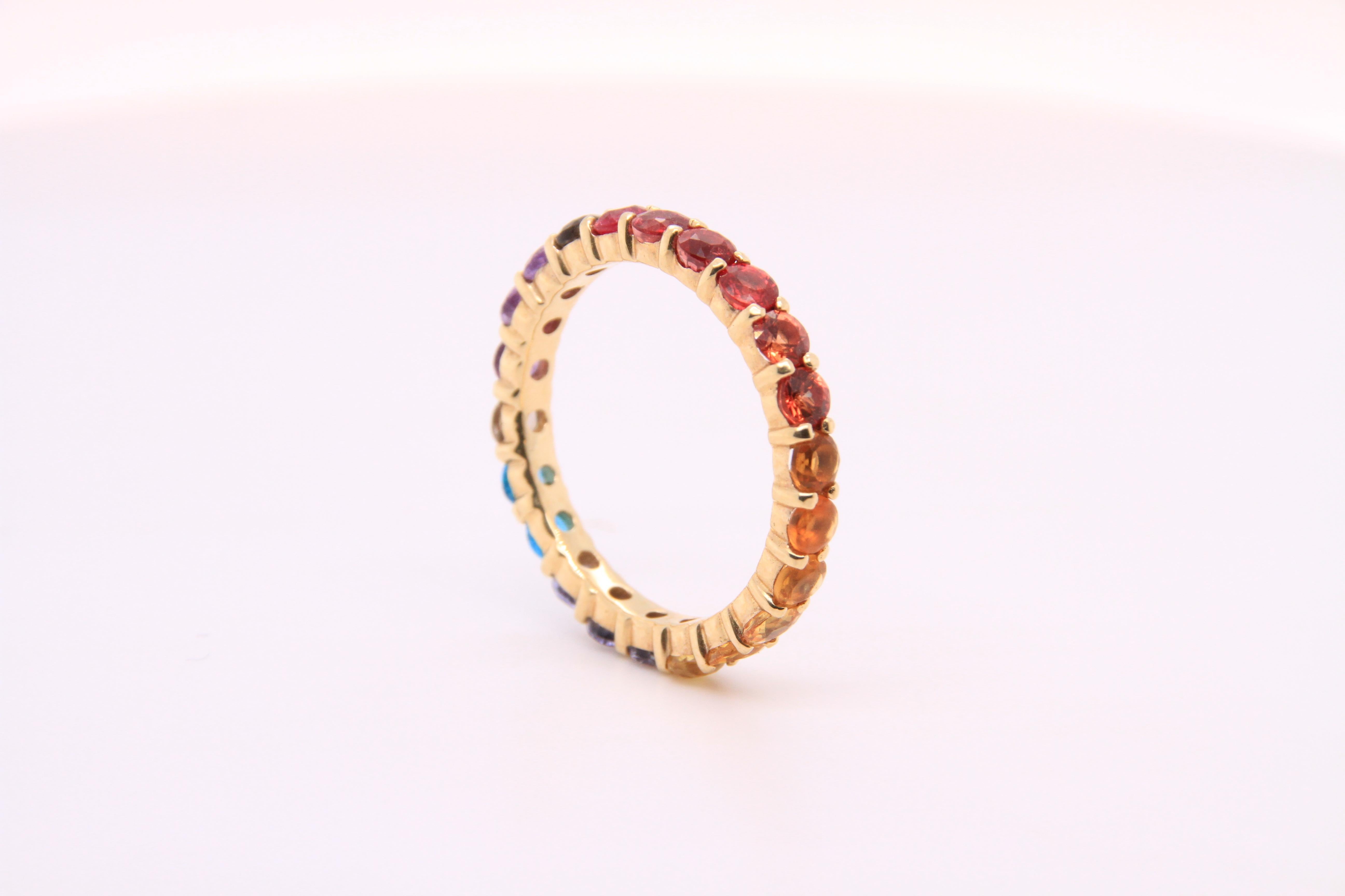 Art Nouveau 14K Yellow Gold Eternity Mulit-Colored Rainbow Gemstone Ring
