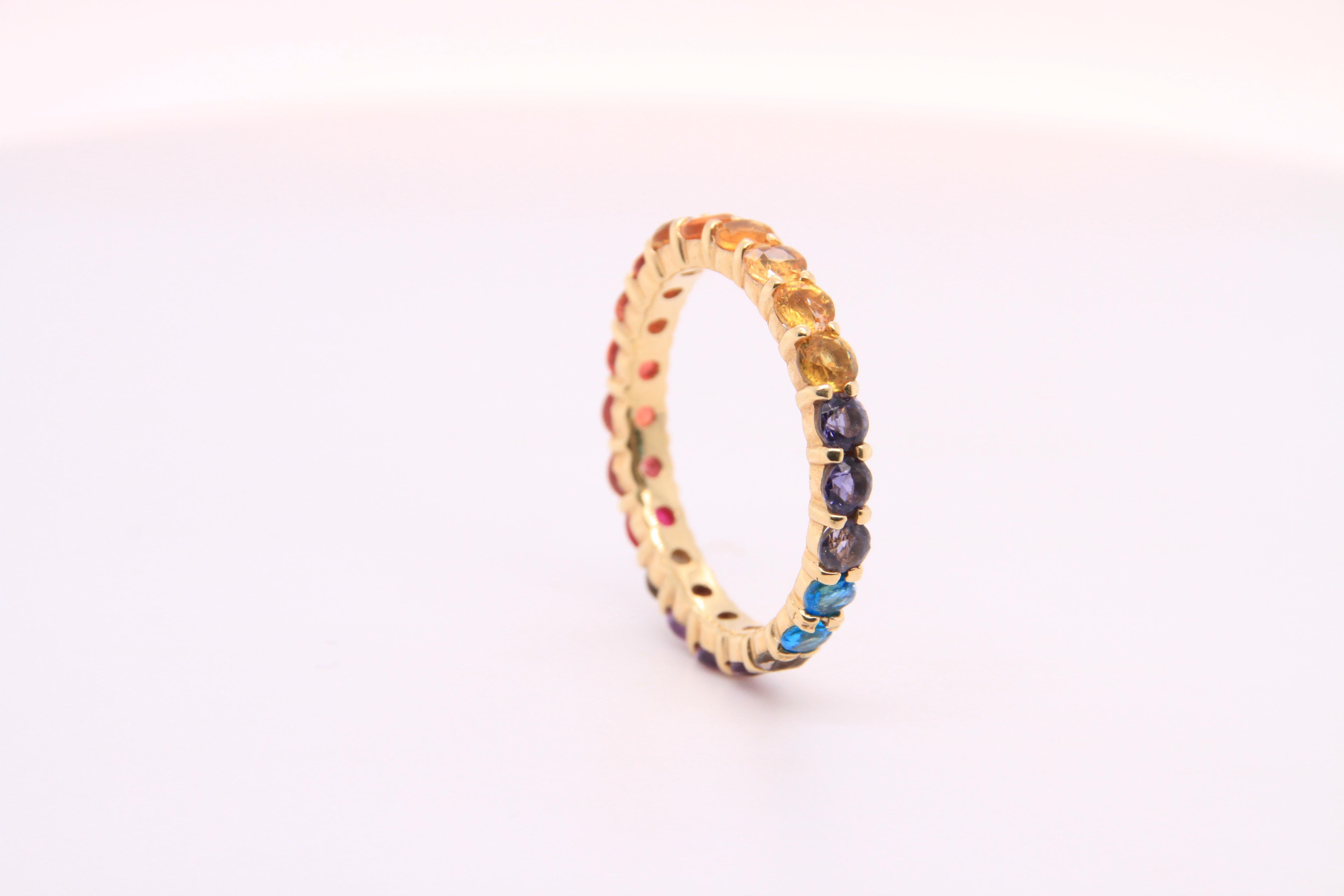 Round Cut 14K Yellow Gold Eternity Mulit-Colored Rainbow Gemstone Ring