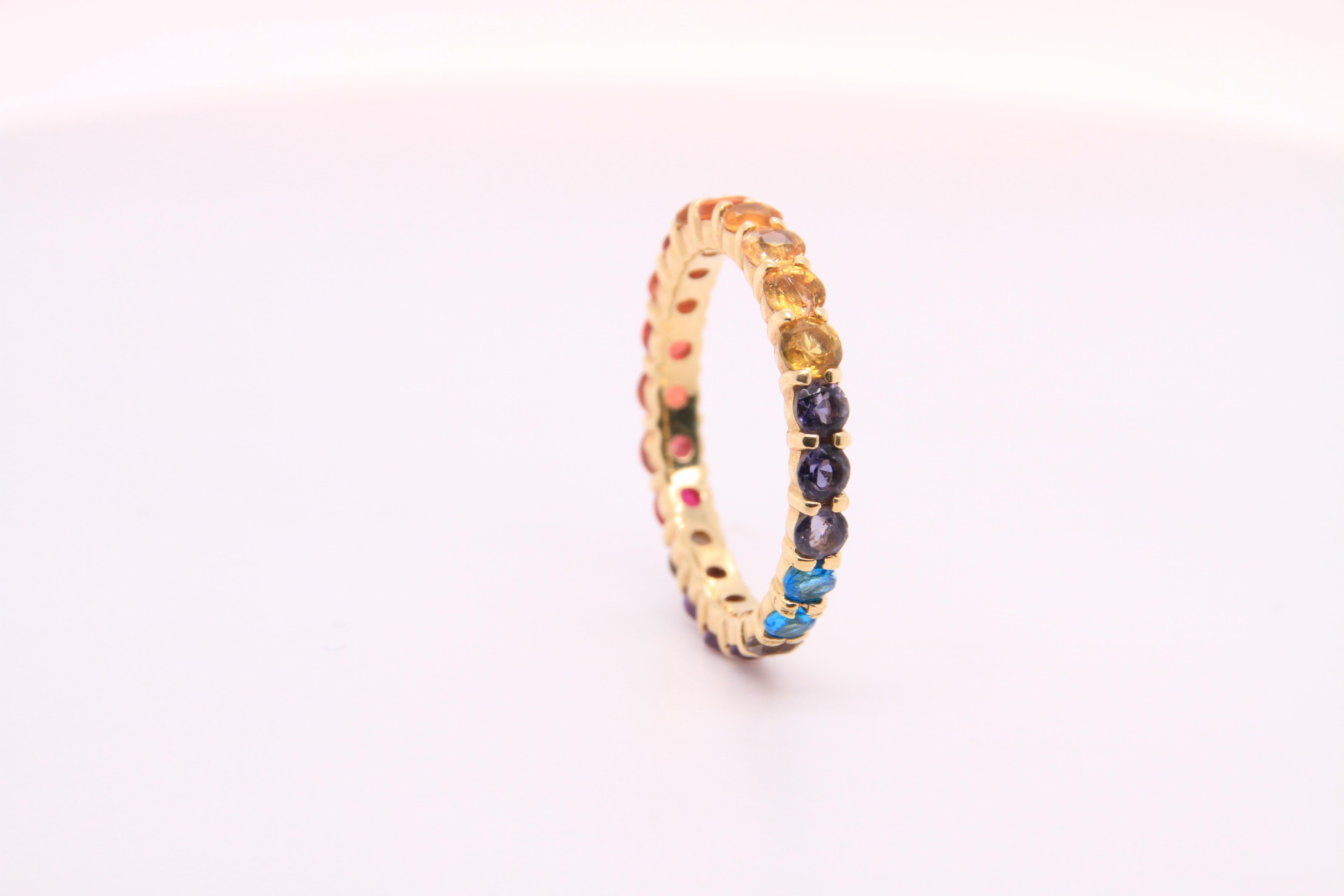 14K Yellow Gold Eternity Mulit-Colored Rainbow Gemstone Ring In Excellent Condition In Bozeman, MT
