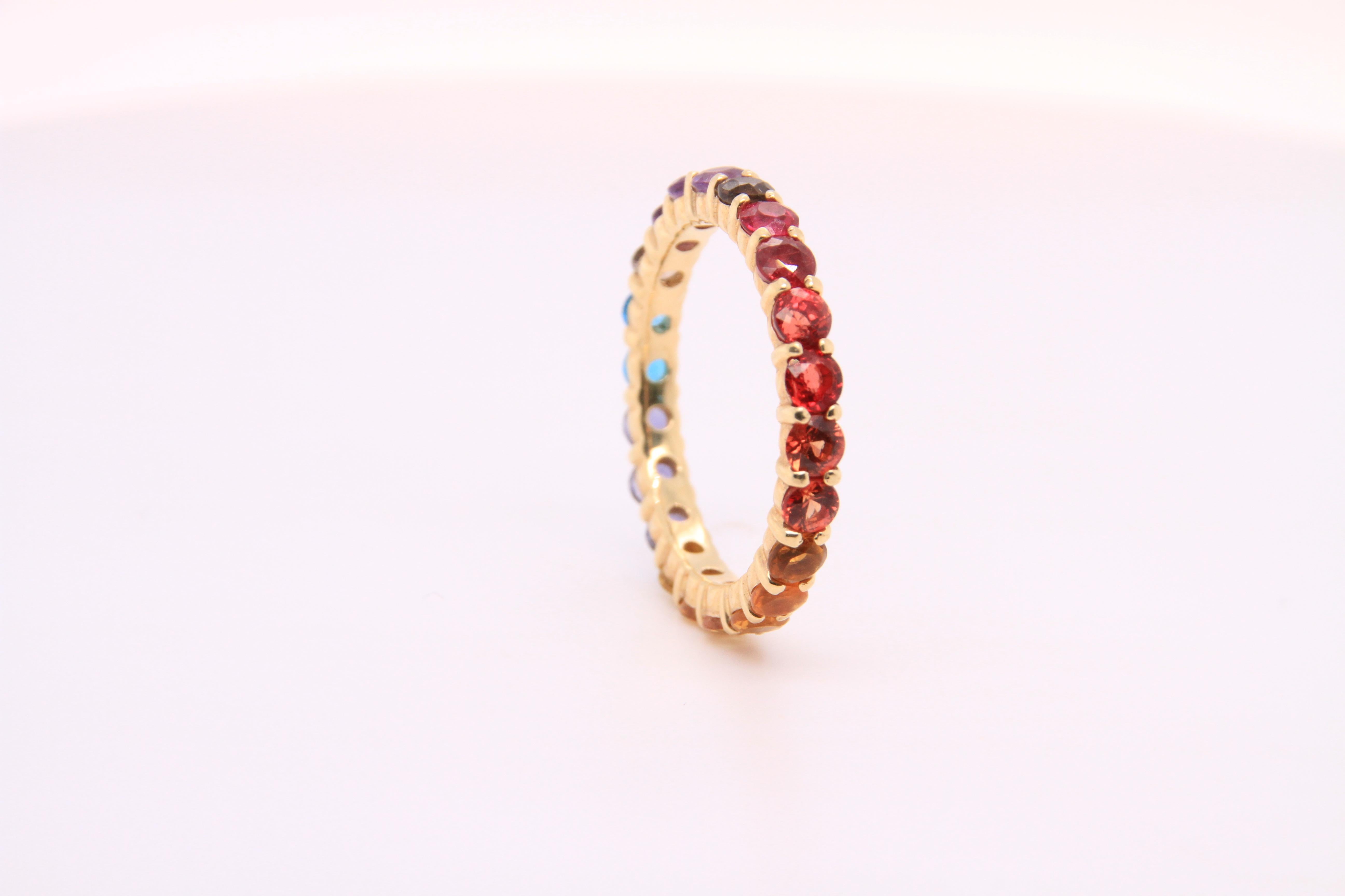 Women's or Men's 14K Yellow Gold Eternity Mulit-Colored Rainbow Gemstone Ring