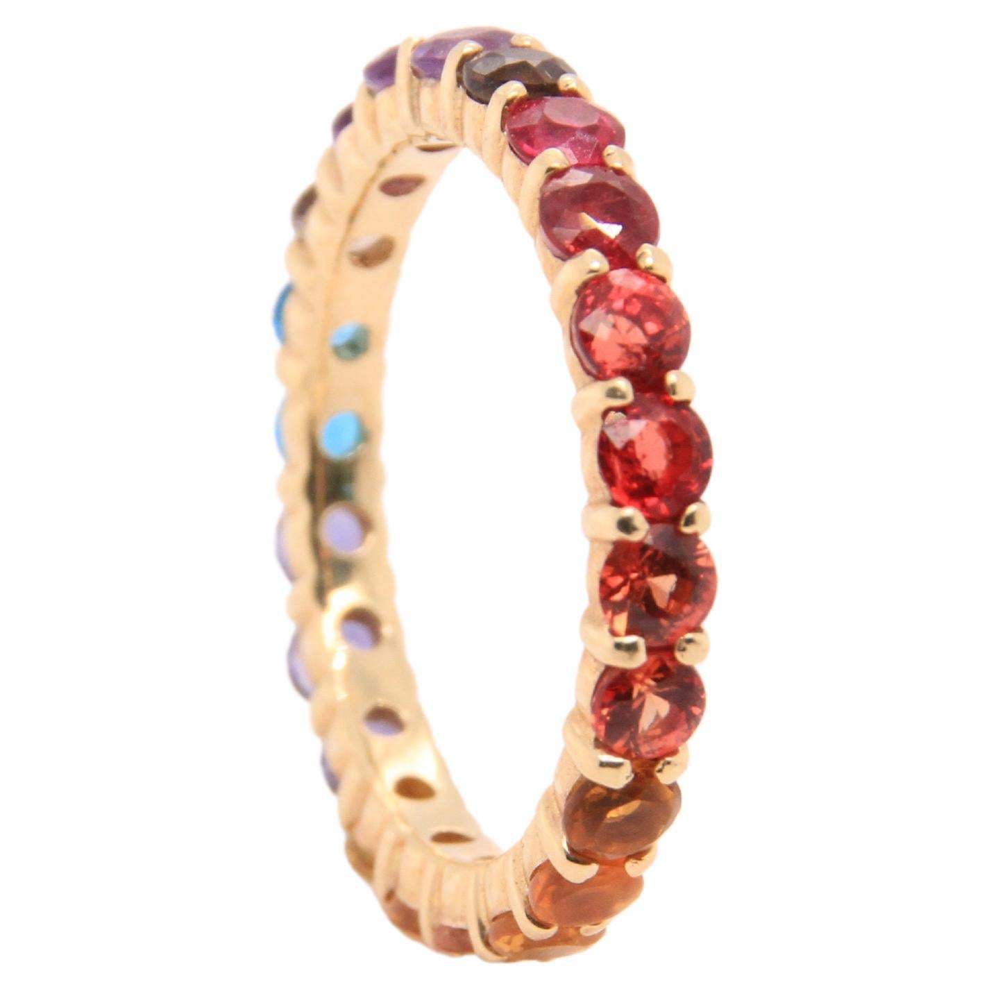 14K Yellow Gold Eternity Mulit-Colored Rainbow Gemstone Ring