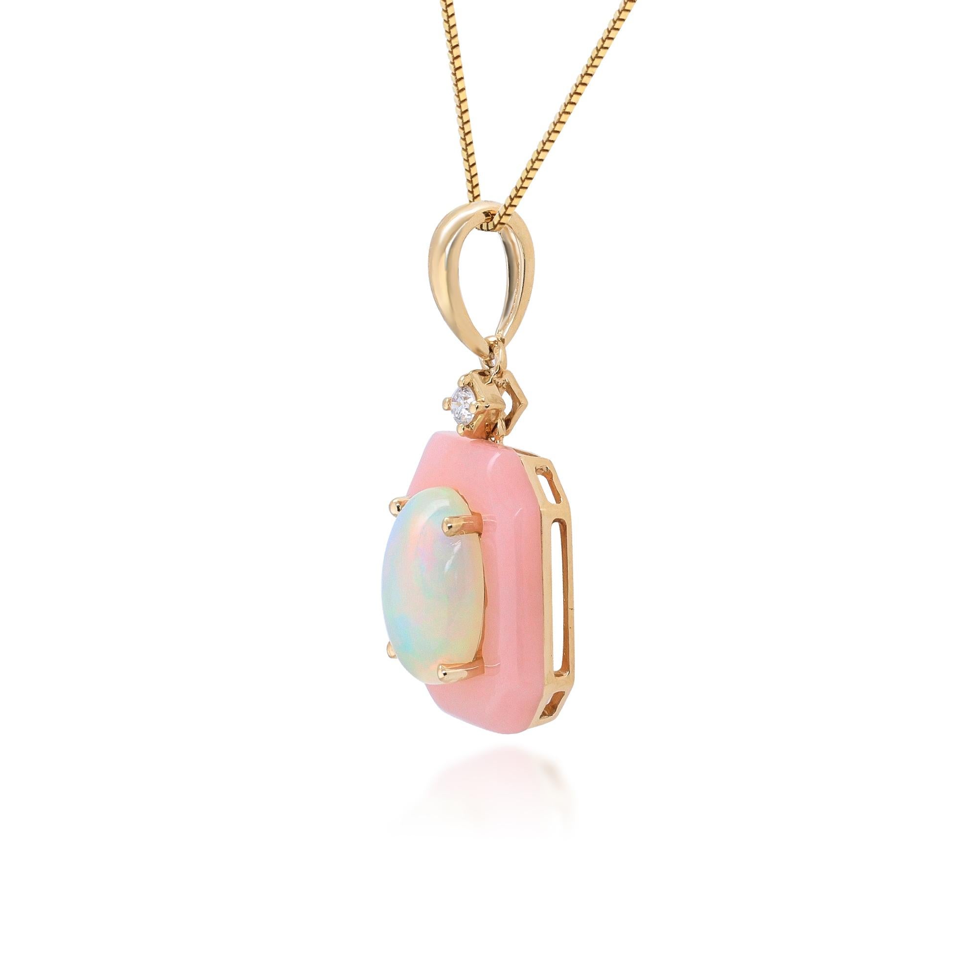 Crafted in radiant 14K yellow gold, this pendant showcases a mesmerizing 1.39-carat Ethiopian opal at its center, known for its vibrant color play. Surrounding it is a halo of soft pink opals totaling 2.08 carats, adding a warm, rosy touch to the