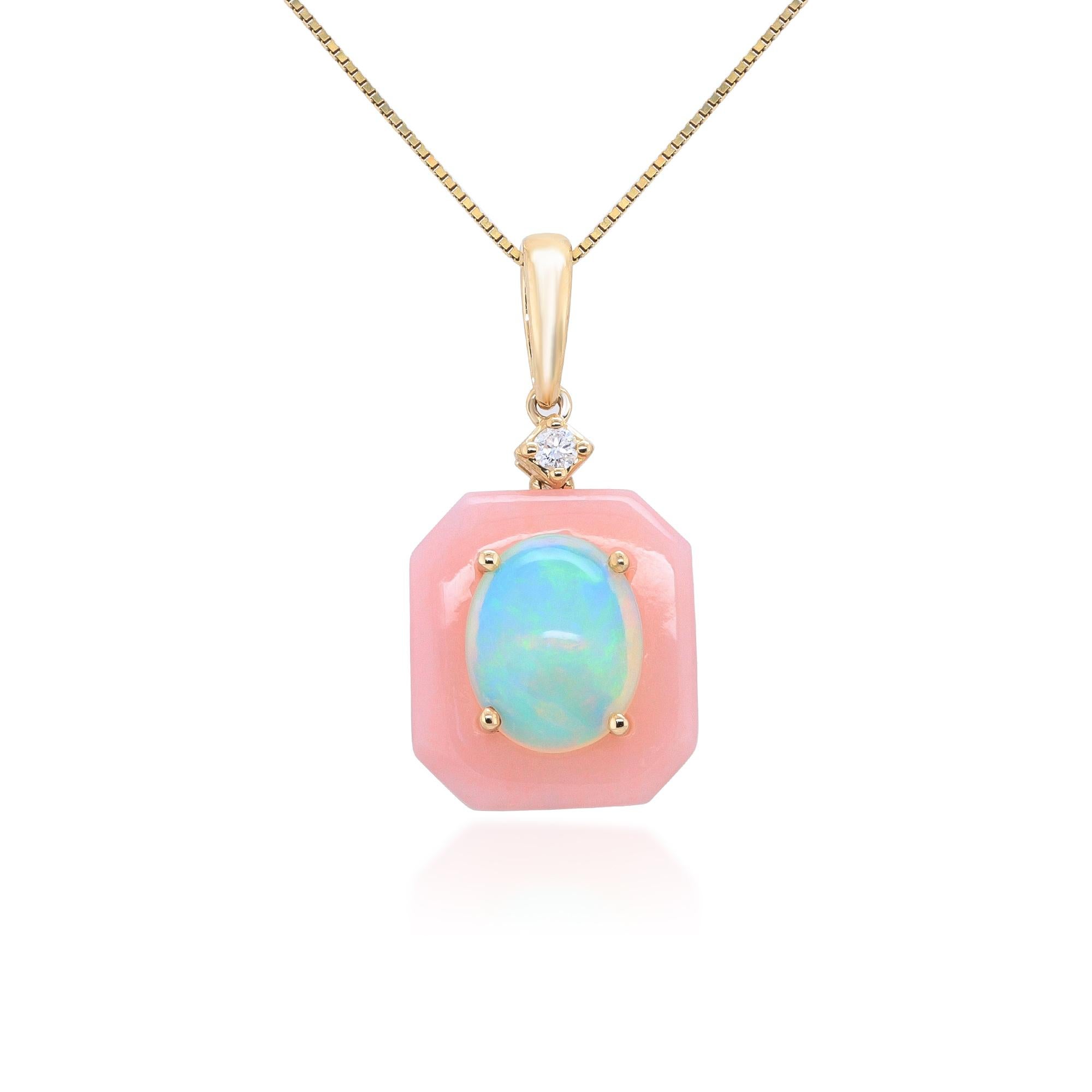 Oval Cut 14K Yellow Gold Ethiopian Opal and Pink Opal Halo Pendant with Diamond Accent For Sale