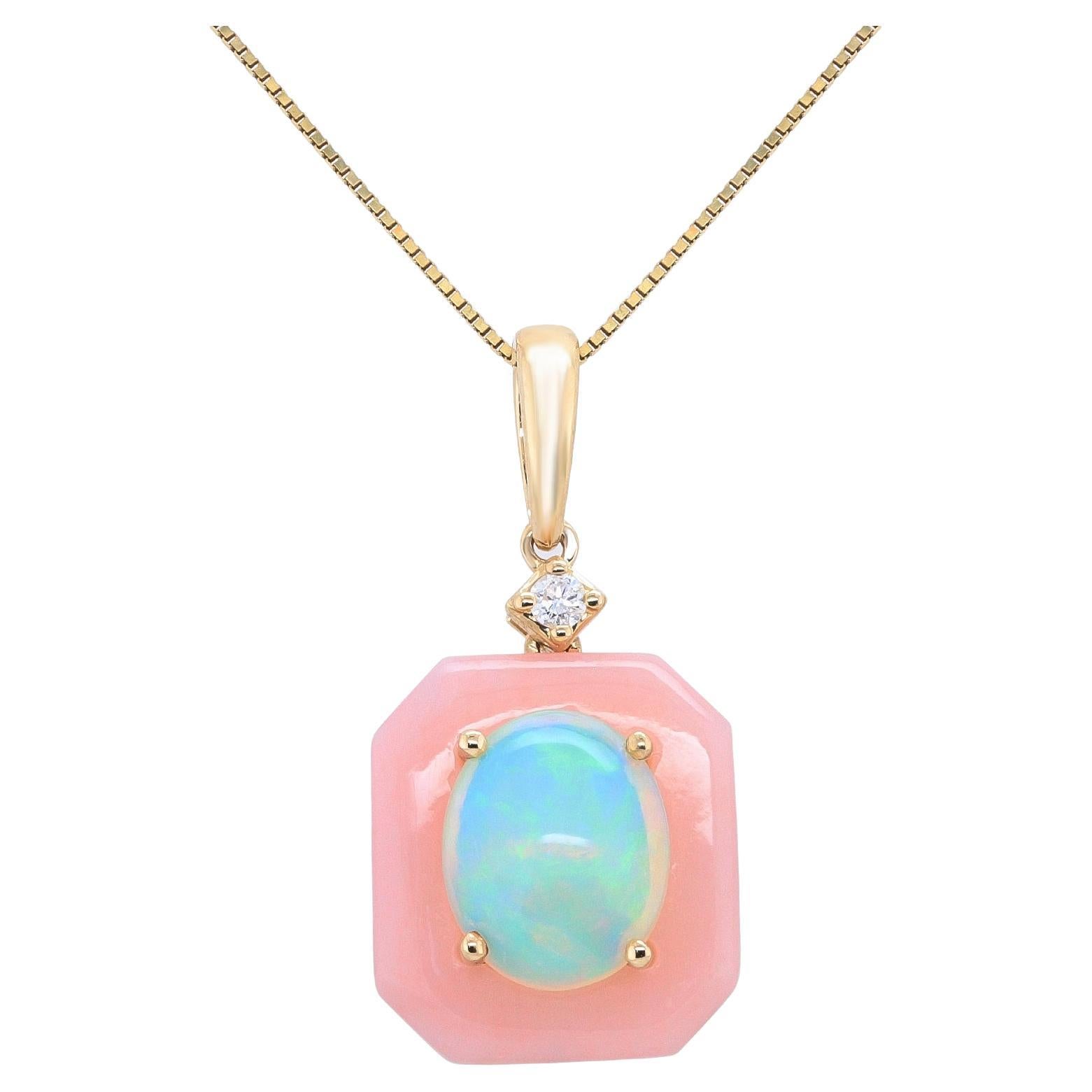 14K Yellow Gold Ethiopian Opal and Pink Opal Halo Pendant with Diamond Accent