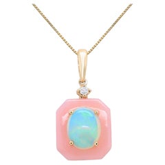 14K Yellow Gold Ethiopian Opal and Pink Opal Halo Pendant with Diamond Accent