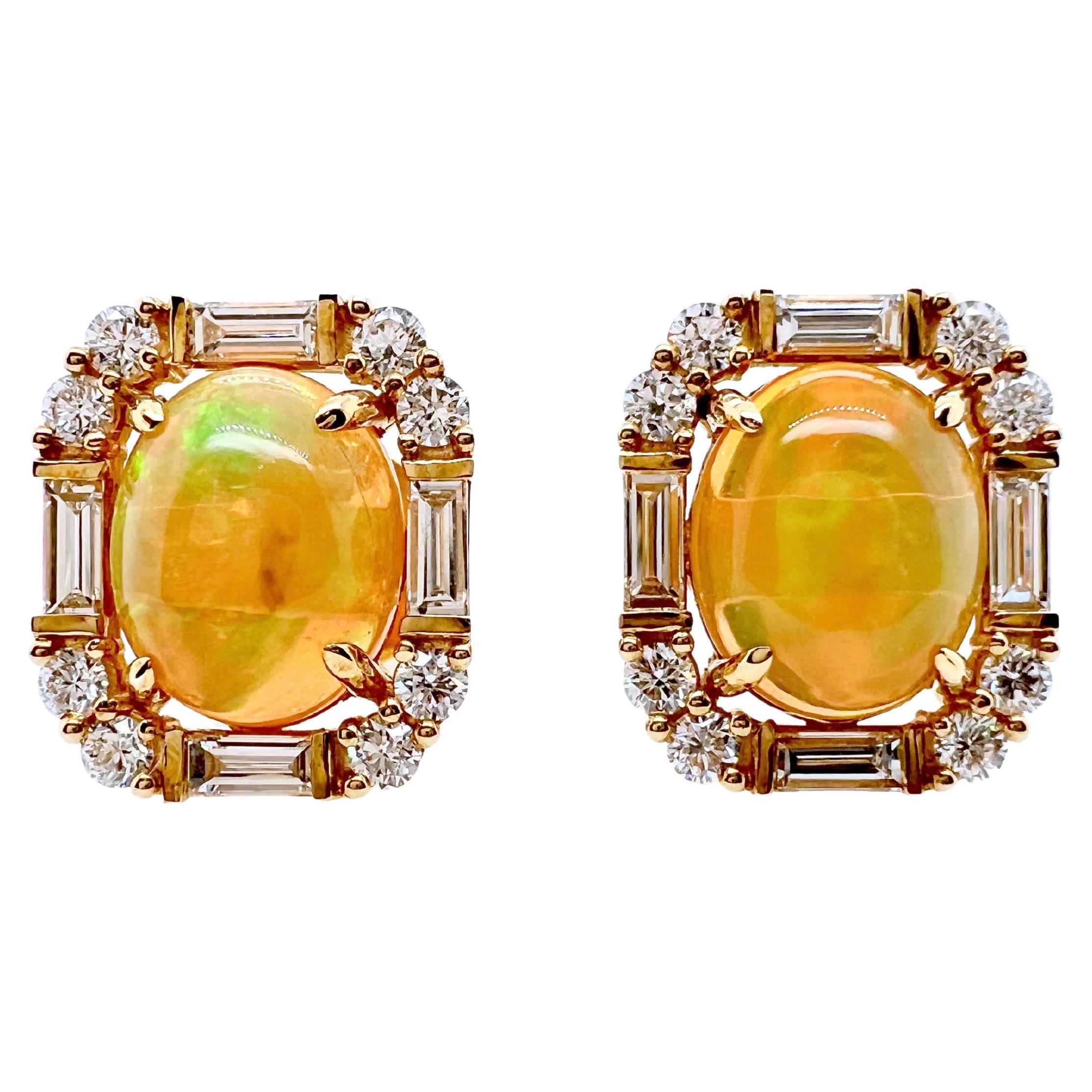 14k Yellow Gold Ethiopian Opal Earrings with Diamonds For Sale