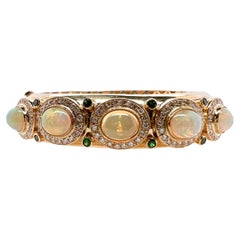 14k Yellow Gold Ethiopian Opal, Tsavorite & Diamond Handmade Bangle