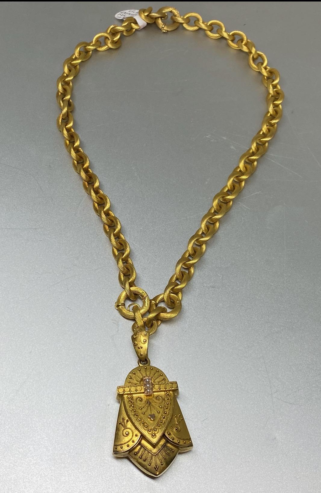 14k Yellow Gold Etruscan Revival Victorian Locket Pendant Chain Necklace In Good Condition For Sale In Bernardsville, NJ