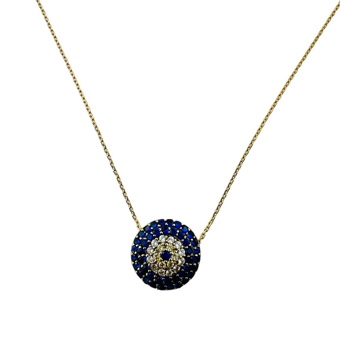 14K Yellow Gold Faceted Blue White Yellow Glass Stone Pendant Necklace #15627