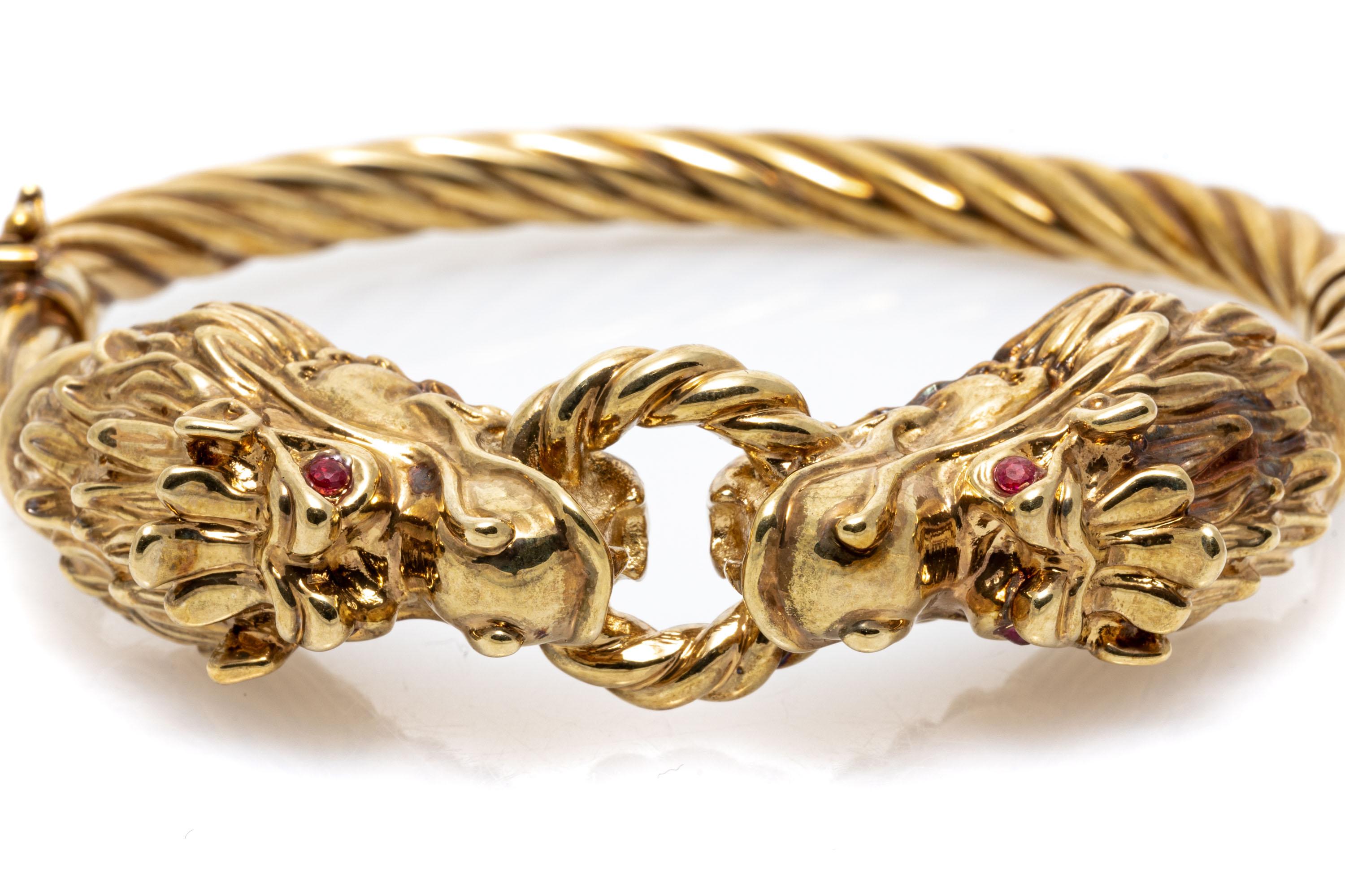 Round Cut 14k Yellow Gold Facing Dragons Hinged Twisted Bangle Bracelet