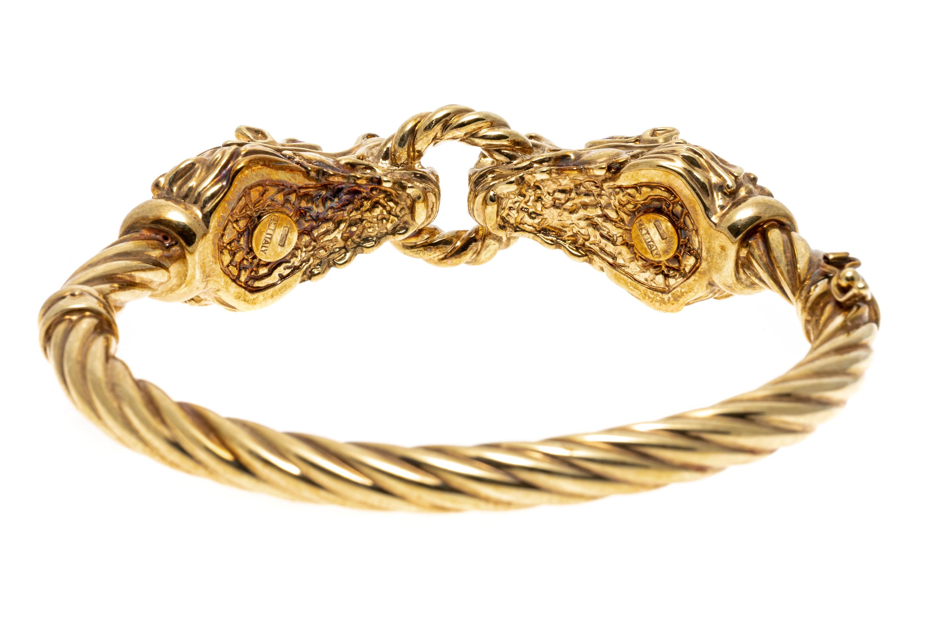 14k Yellow Gold Facing Dragons Hinged Twisted Bangle Bracelet 1
