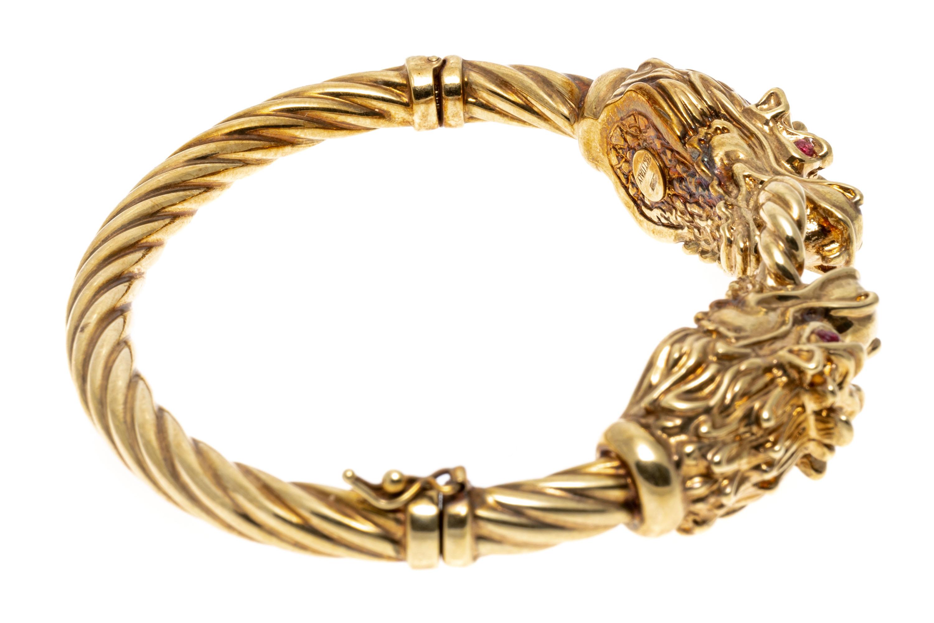 14k Yellow Gold Facing Dragons Hinged Twisted Bangle Bracelet 2