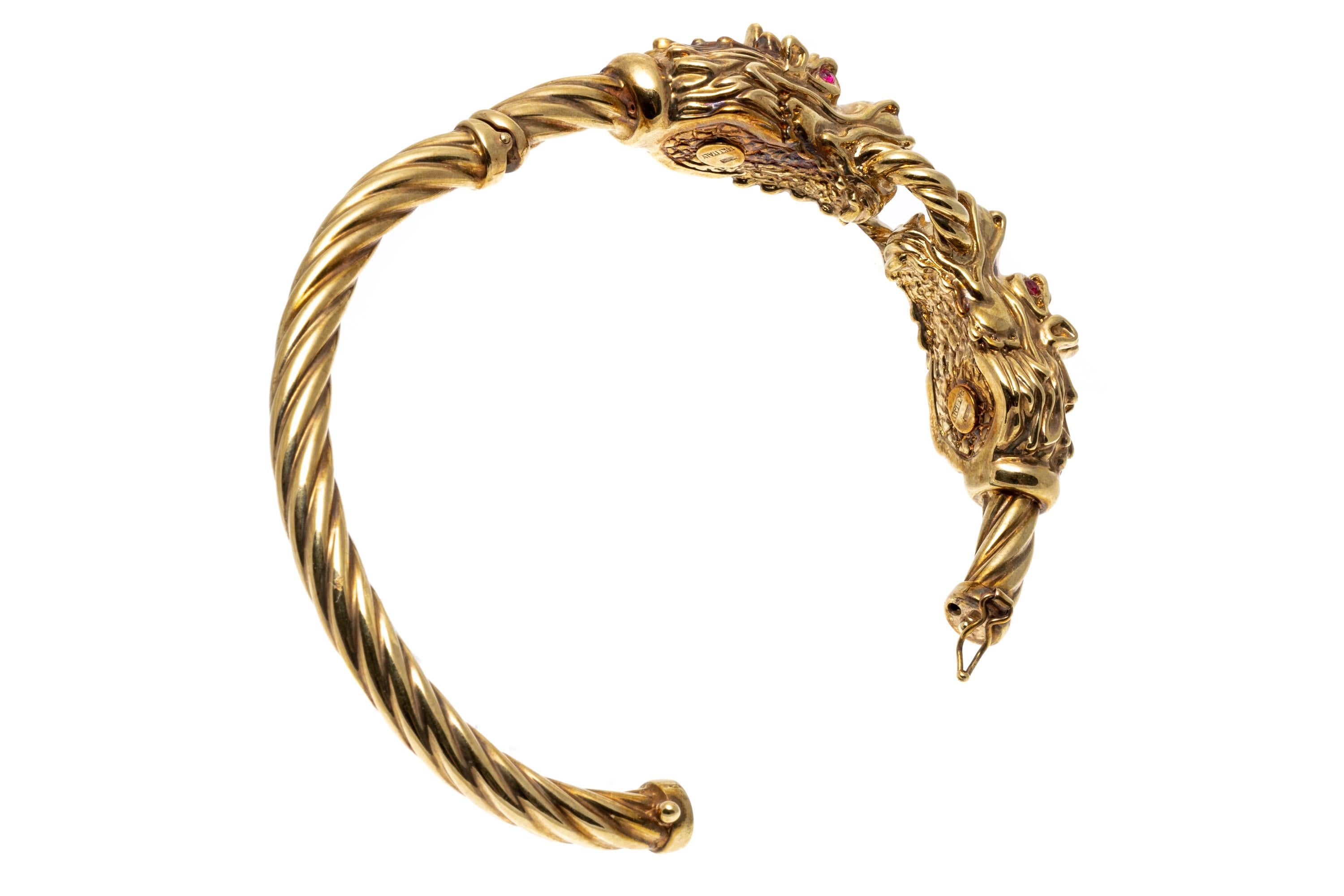 14k Yellow Gold Facing Dragons Hinged Twisted Bangle Bracelet 4