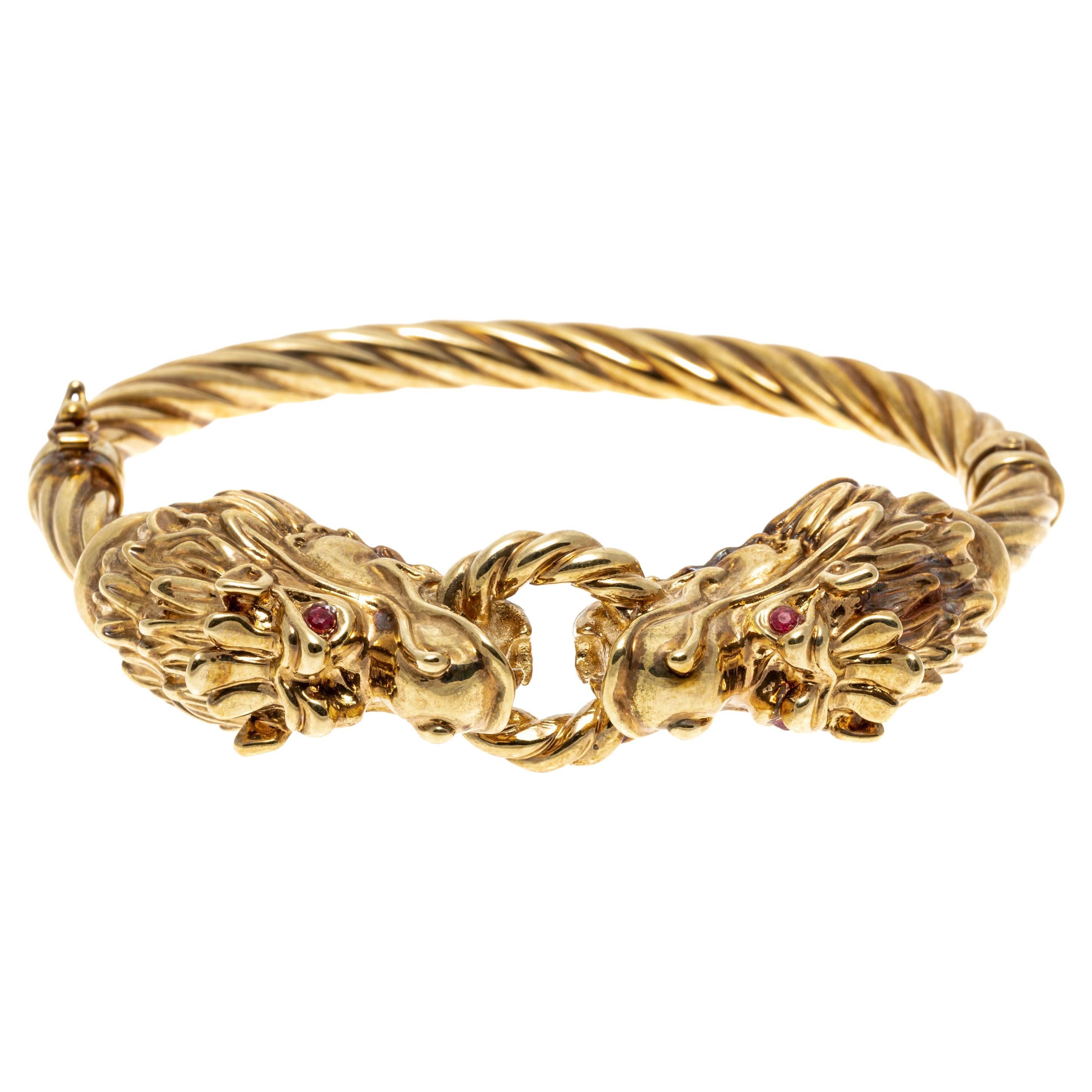 14k Yellow Gold Facing Dragons Hinged Twisted Bangle Bracelet