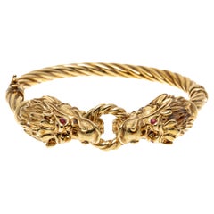 14k Yellow Gold Facing Dragons Hinged Twisted Bangle Bracelet