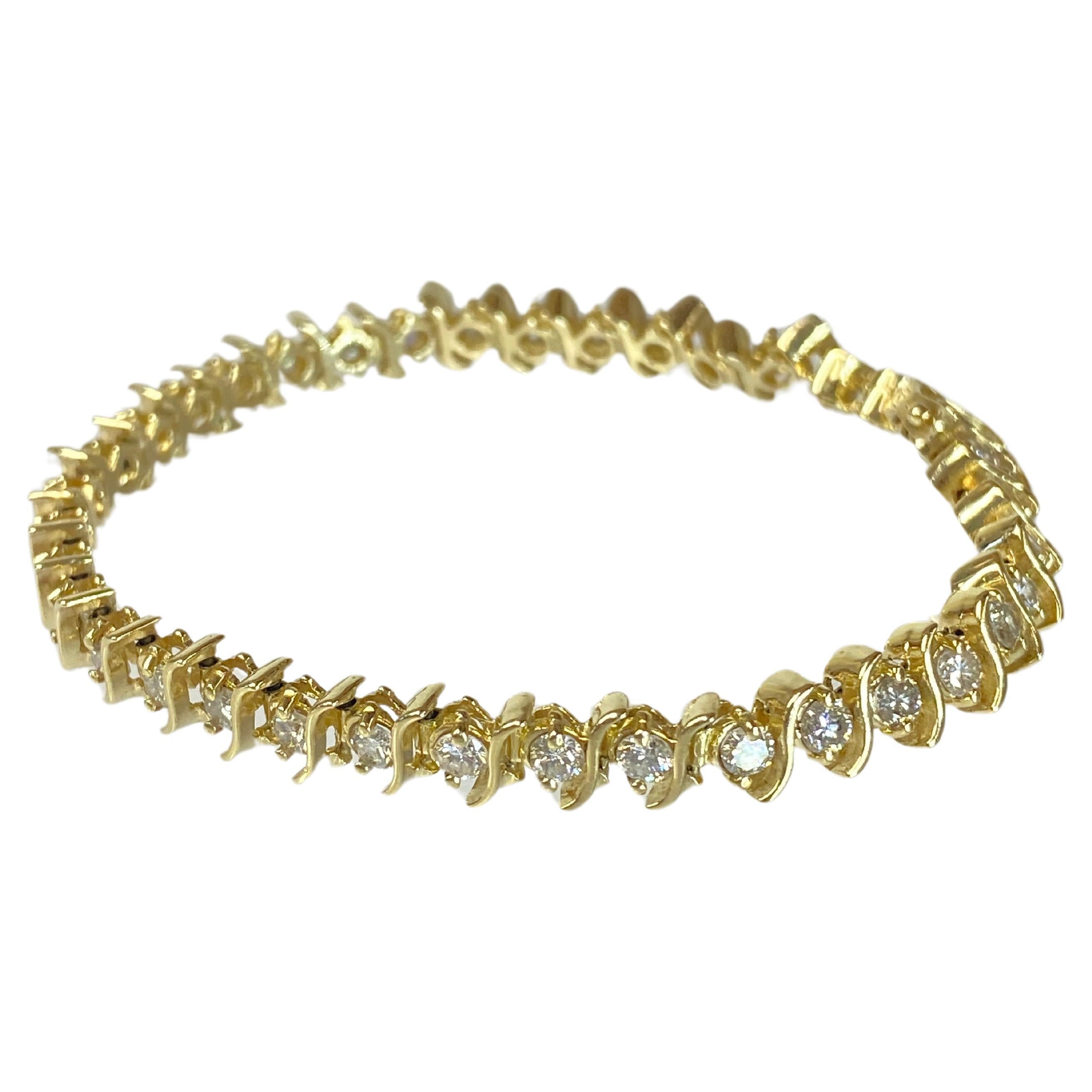 14K Yellow Gold Fancy 3.0 Carat Diamond S Style Tennis Bracelet 7"  For Sale