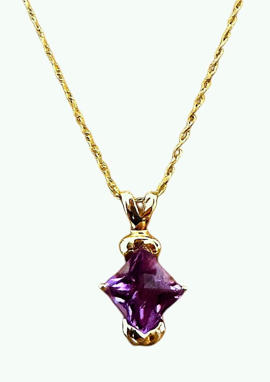 Square Cut 14K Yellow Gold 1.70 Carat Fancy Cut Amethyst Pendant Necklace