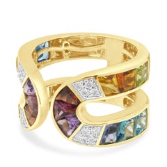 14K Yellow Gold Fancy Cut Multi Color Gemstone and Round Diamond Open Shank Ring