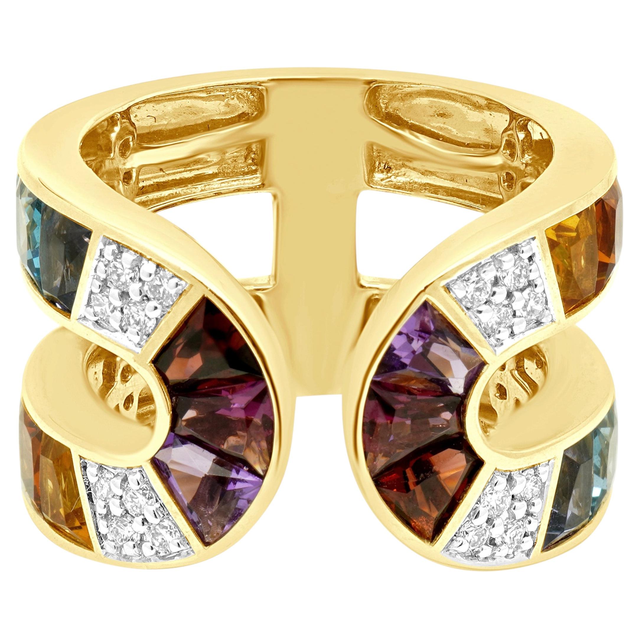 14K Gelbgold Fancy Cut Multi Color Edelstein und runder Diamant offener Schaft Ring