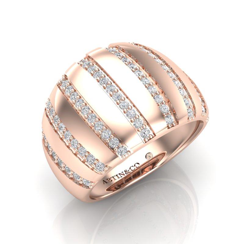 Modern 14K Yellow Gold Fancy Eight Rows Diamond Stripe Dome Ring band For Sale