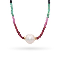 14k Yellow Gold Fancy Sapphire Heishi Bead and Pearl Necklace